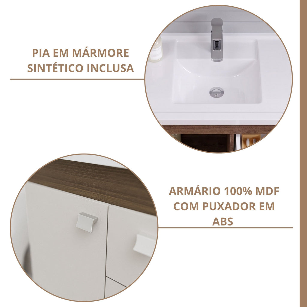 Gabinete Suspenso com Cuba e Espelheira MGM Móveis Isa Marrom/Amêndoa/Off White
