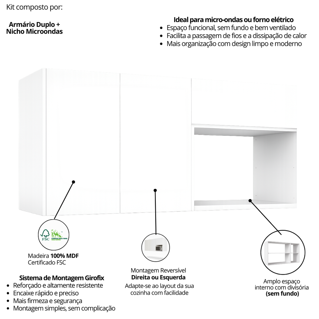 Armário Aéreo para Cozinha 2 Portas 120cm Branco MDF Rafaro