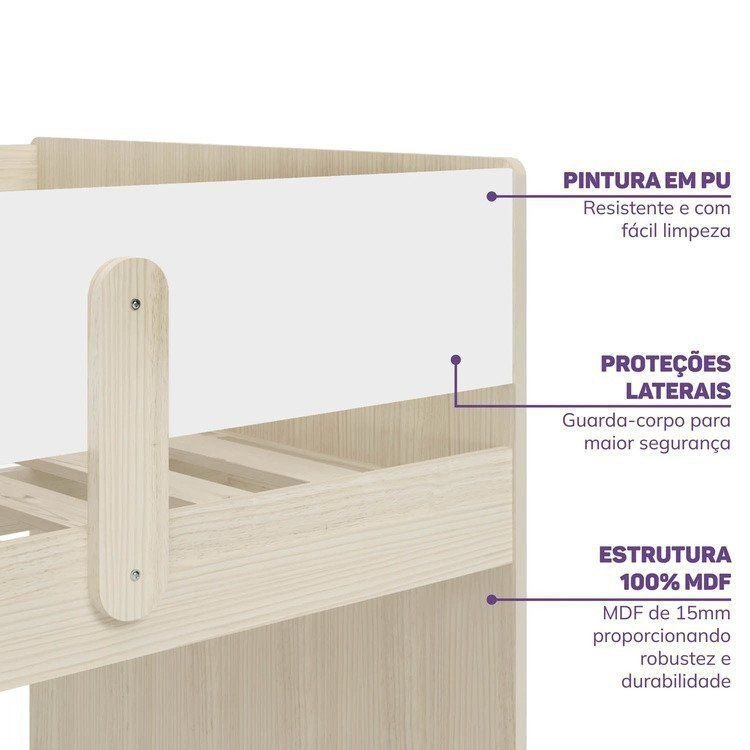 Quarto Infantil Completo Cama Elevada com Cômoda Escrivaninha Armário Artsy e Guarda-Roupa 4 Portas Curió Casatema MadeiraOriginals Natural
