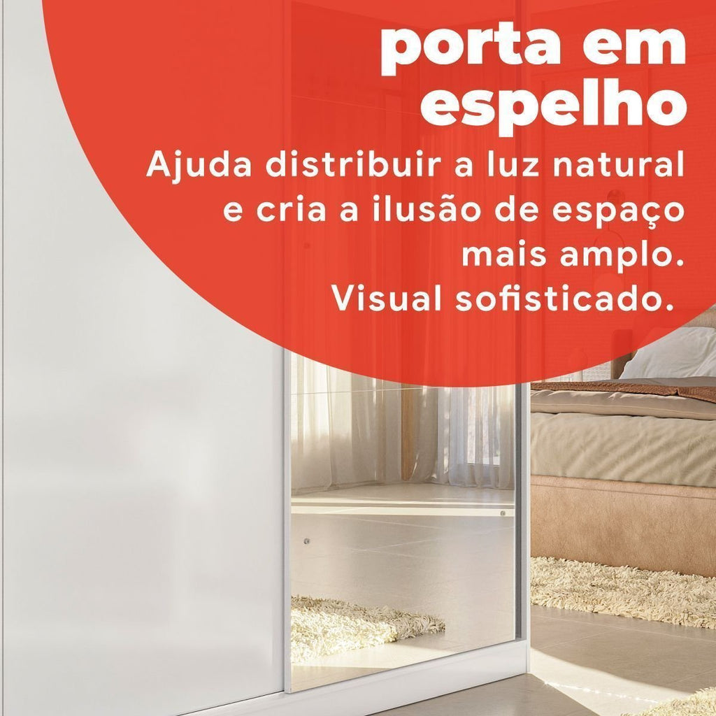Guarda-Roupa Solteiro 2 Portas de Correr 2 Gavetas com Espelho Peônia Yescasa Branco