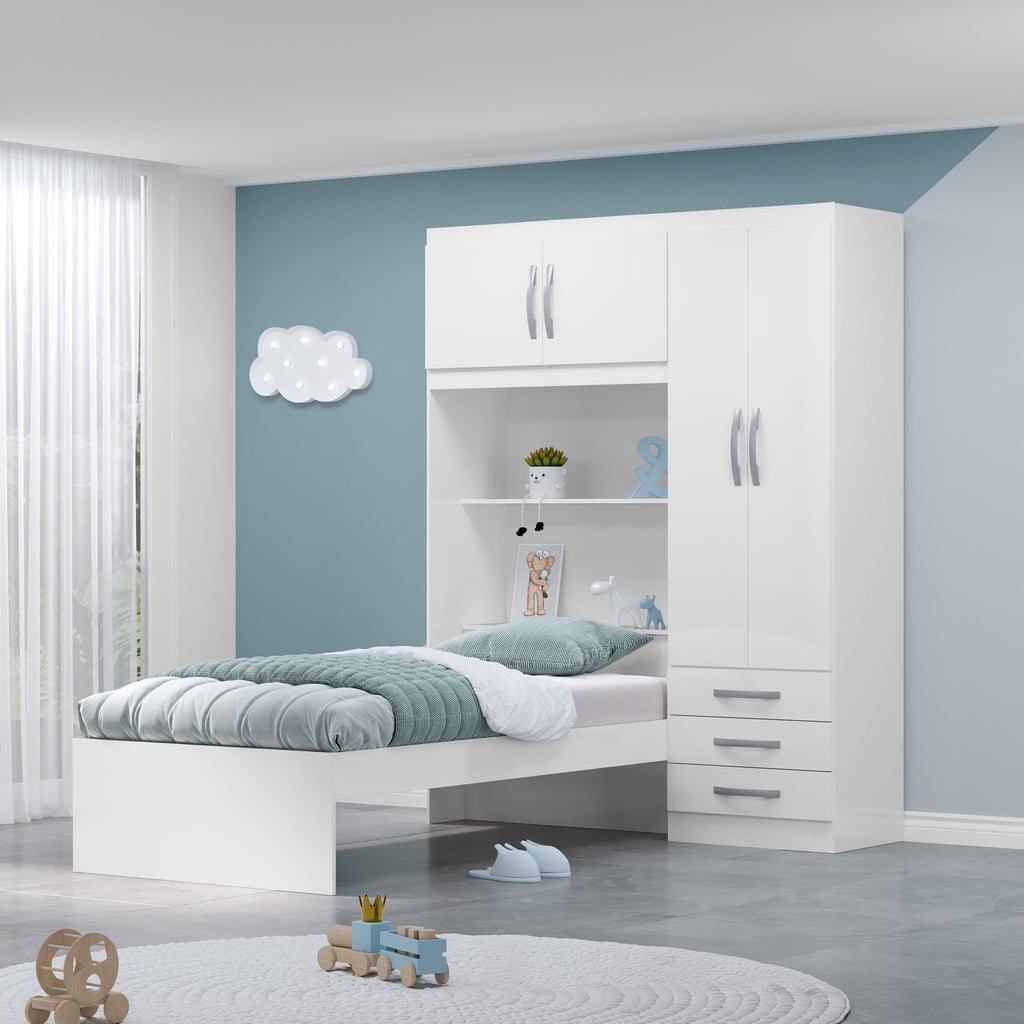 Guarda-Roupa Infantil com Cama 4 Portas 3 Gavetas Lisboa Espresso Móveis Branco/Pink