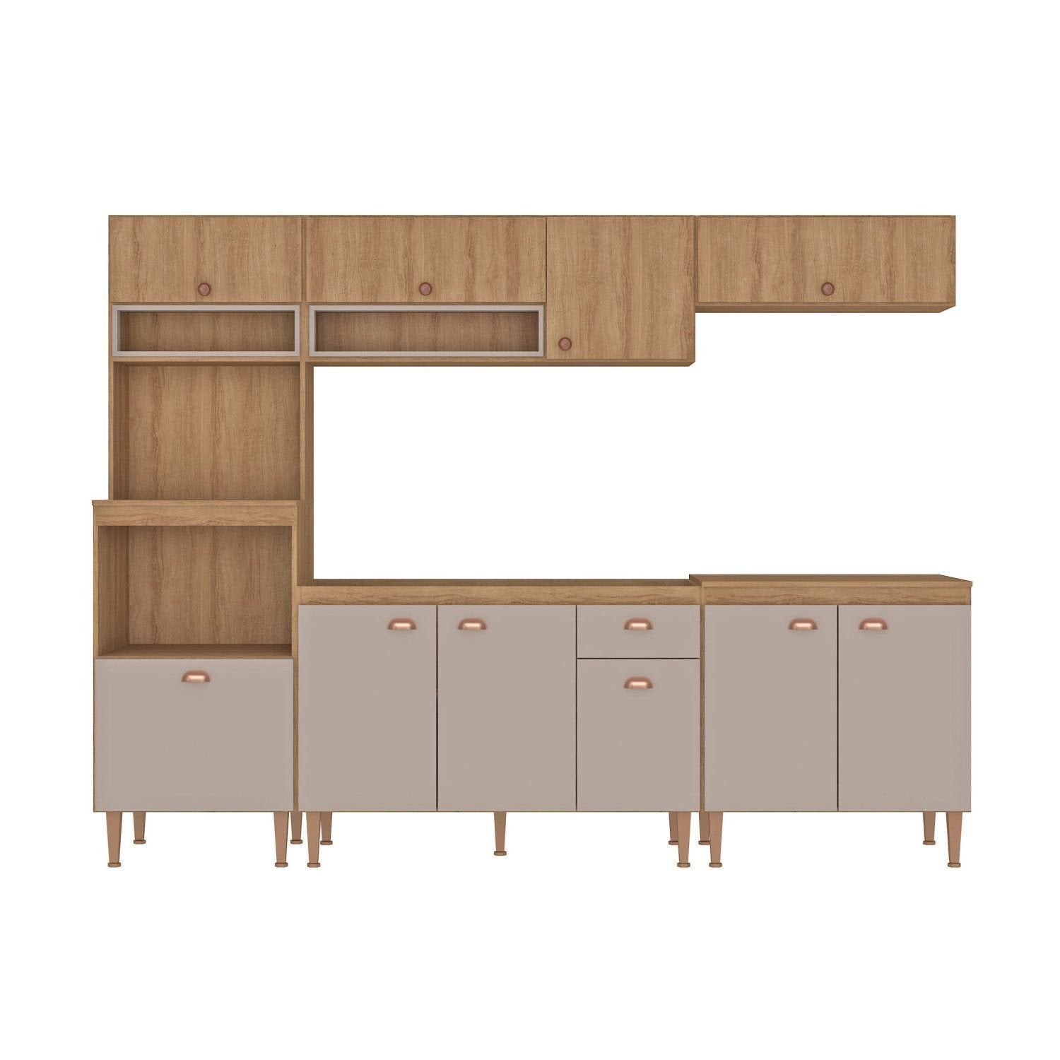 Cozinha Completa Modulada Marti Yescasa 5 Peças Torre Quente Balcão Pia Aéreo Mel/Fendi Cinza