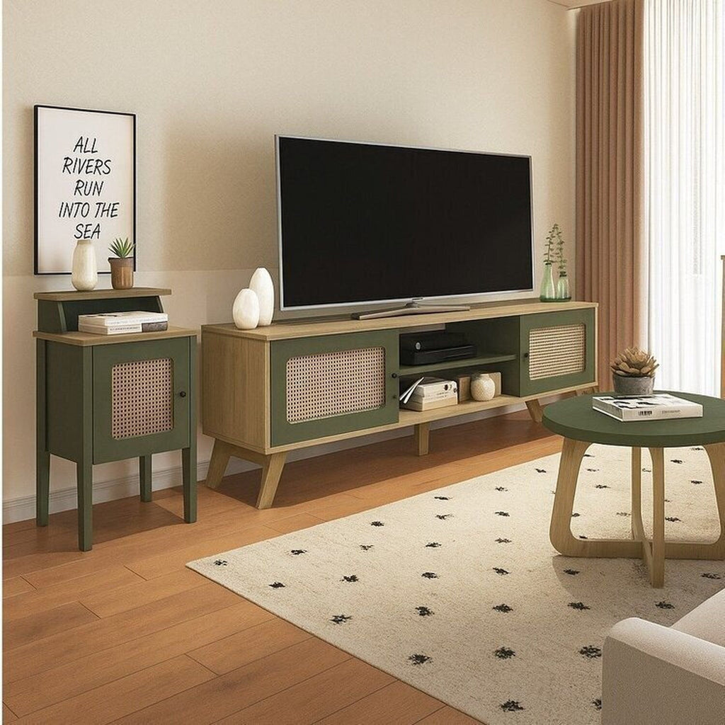 Kit 3 Peças Sala de Estar Charlotte Rack para TV Até 75 Polegadas Mesa de Centro e Apoio Espresso Móveis Carvalho/Menta