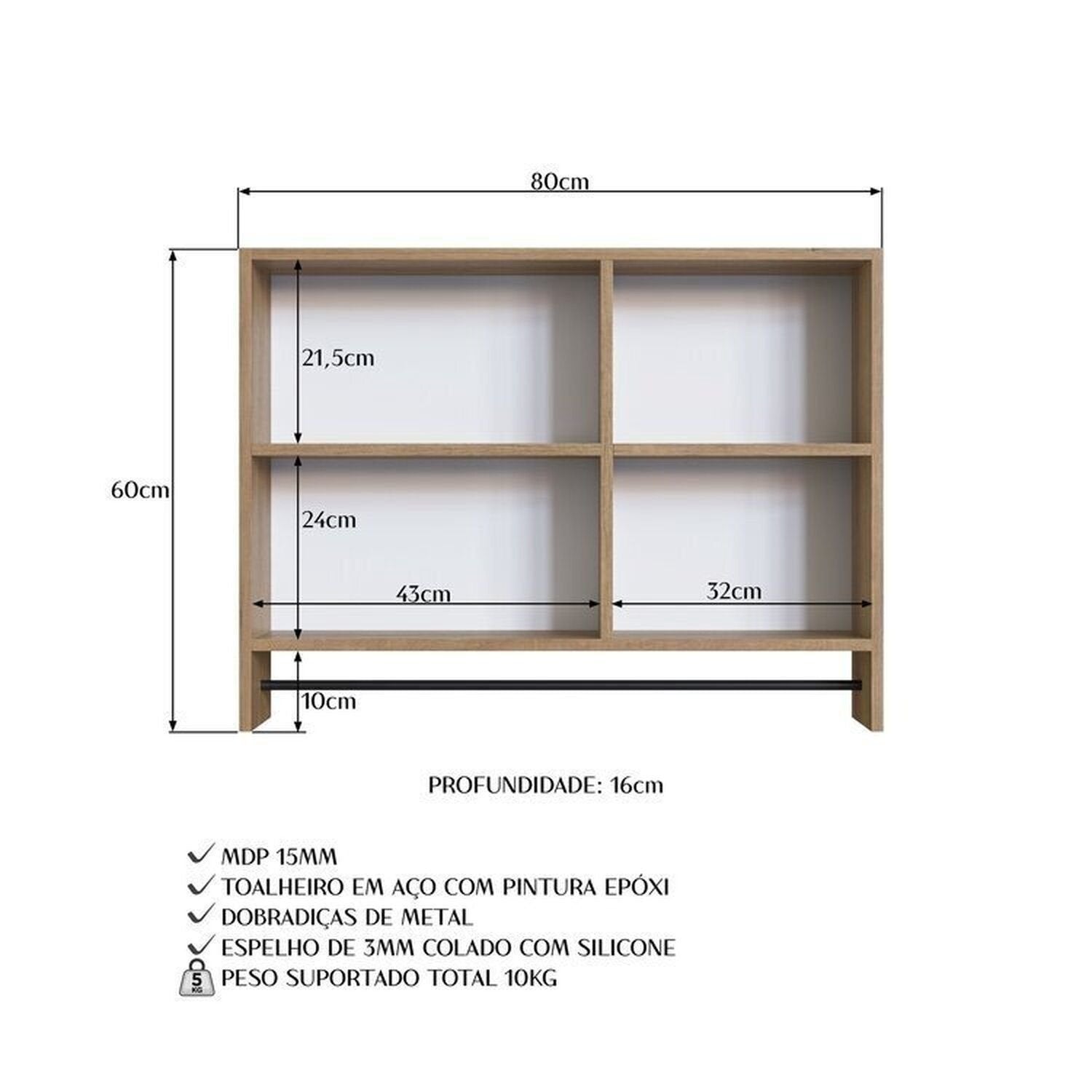 Conjunto para Banheiro Gabinete Suspenso 80cm com Cuba e Espelheira Prodecor CJ8030.20 Marrom/Mel