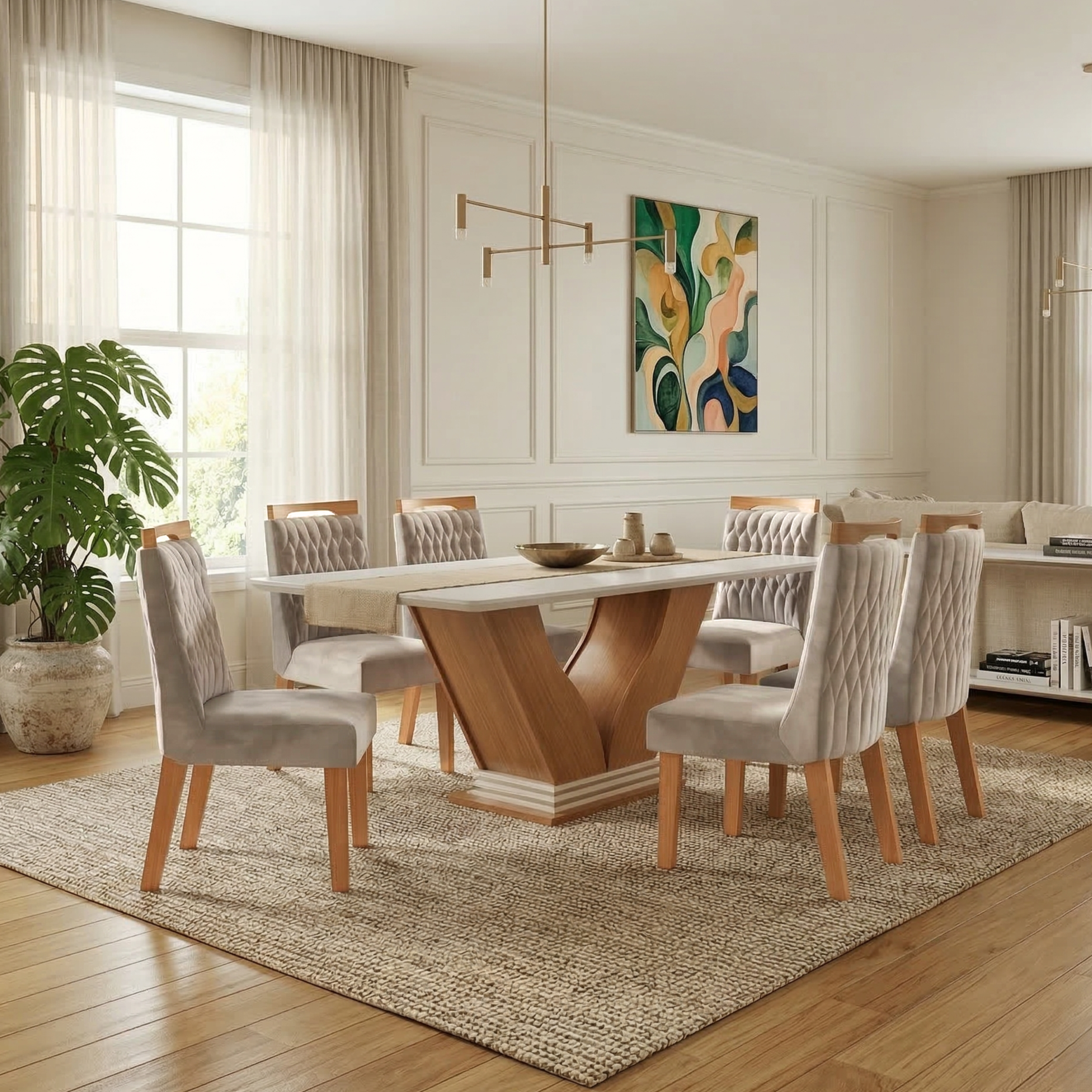 Conjunto Sala de Jantar Mesa Safira Tampo Vidro e MDF com 6 Cadeiras Atena LJ Móveis