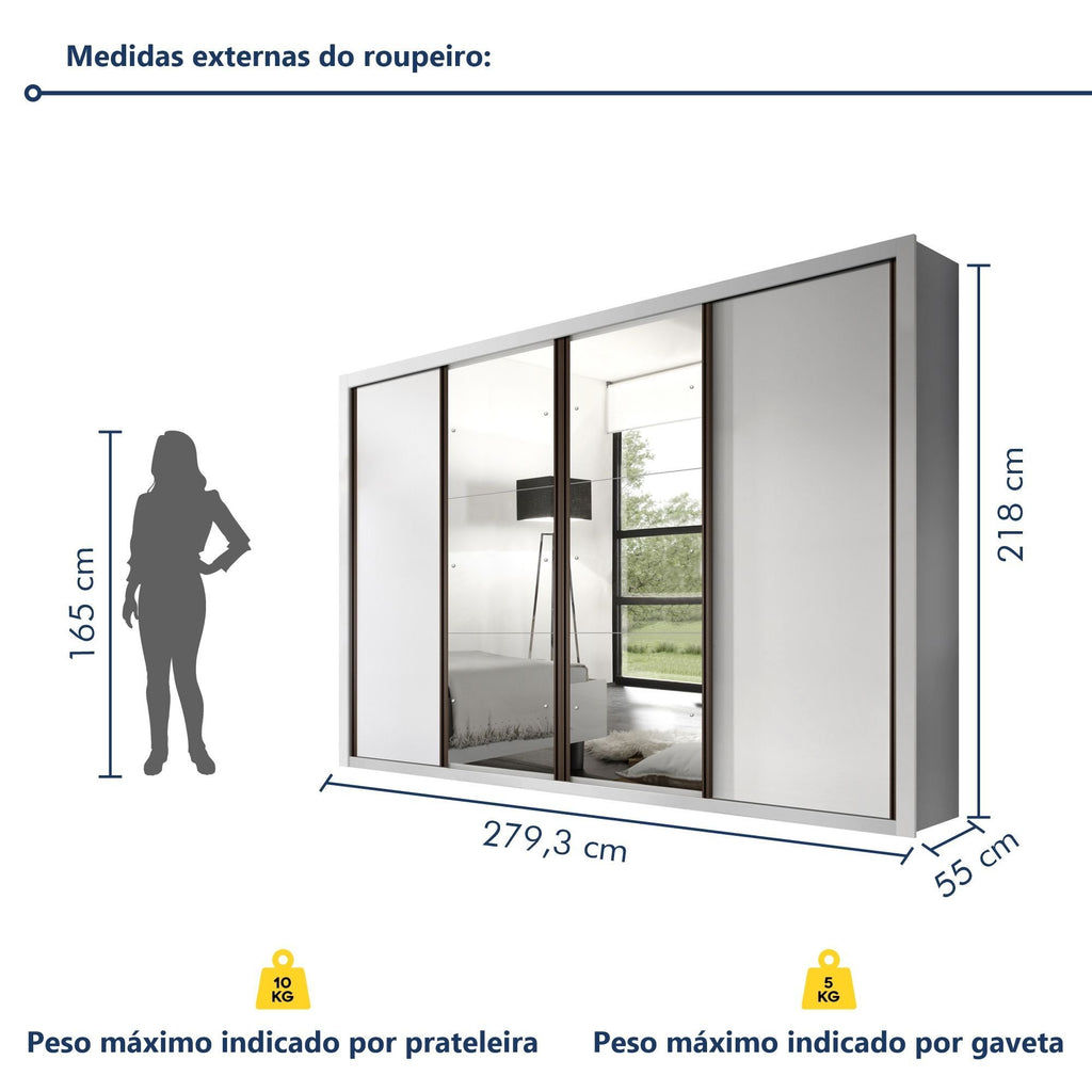 Guarda-Roupa Casal 4 Portas 4 Gavetas com Espelho Premium Zara Yescasa 100% MDF Branco