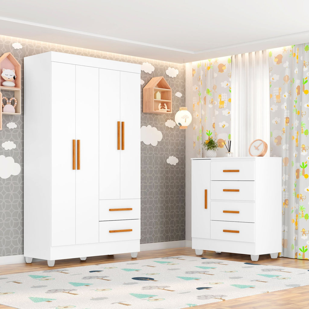 Quarto Bebê Infantil com Guarda-Roupa 4 Portas e 2 Gavetas com Cômoda 4 Gavetas e 1 Porta Aconchego Móveis Leão Branco