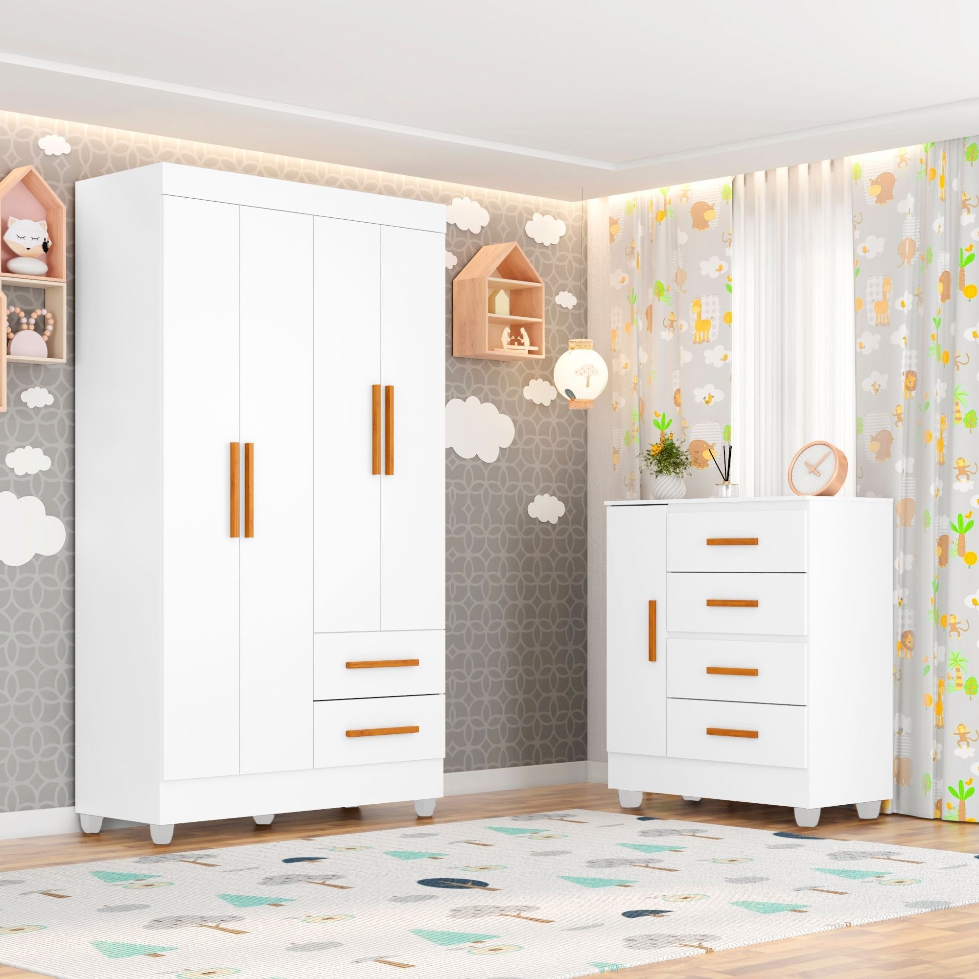 Quarto Bebê Infantil com Guarda-Roupa 4 Portas e 2 Gavetas com Cômoda 4 Gavetas e 1 Porta Aconchego Móveis Leão Branco