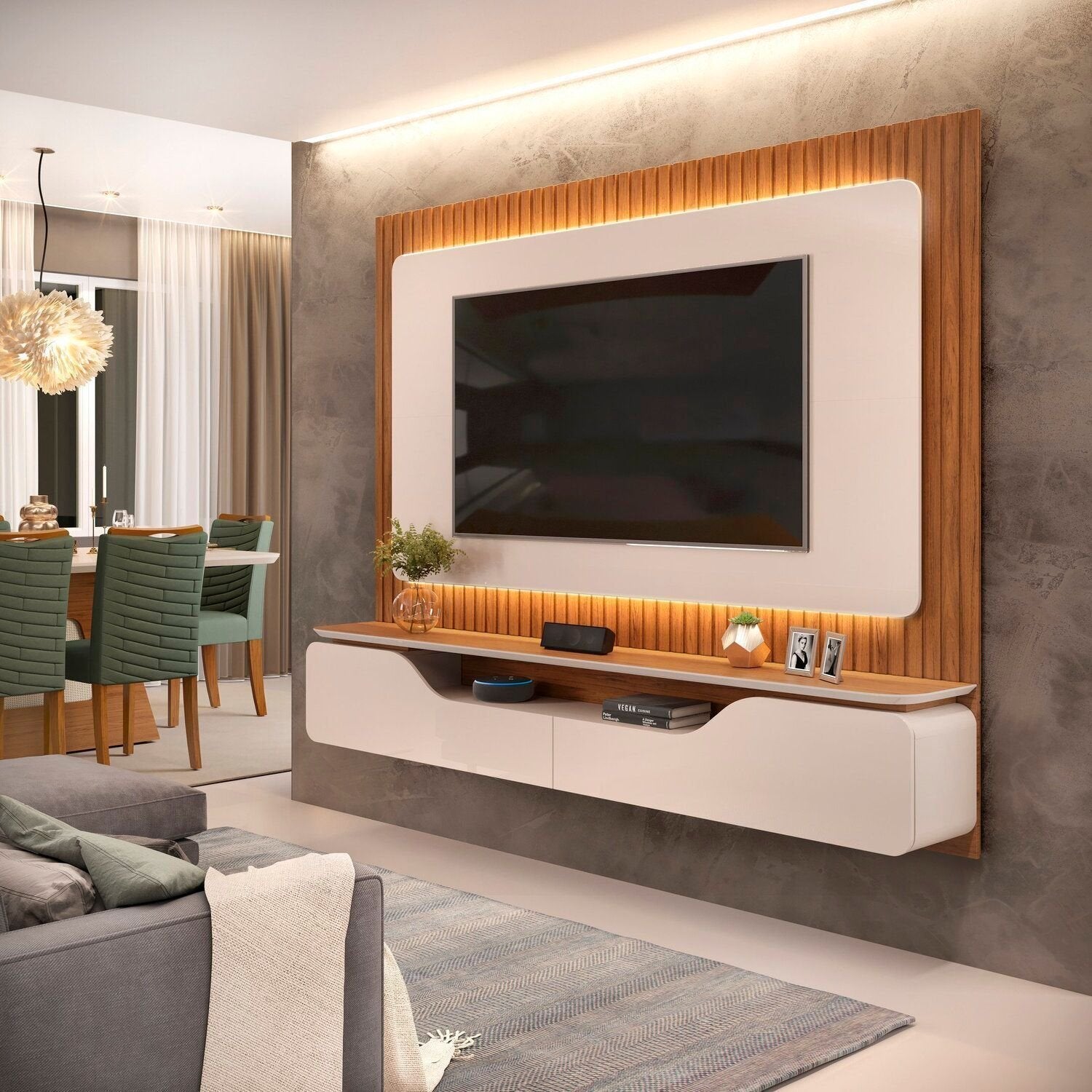 Painel Ripado para TV até 70 Polegadas Treviso 100% MDF 210cmx180cm com LED Dj Móveis