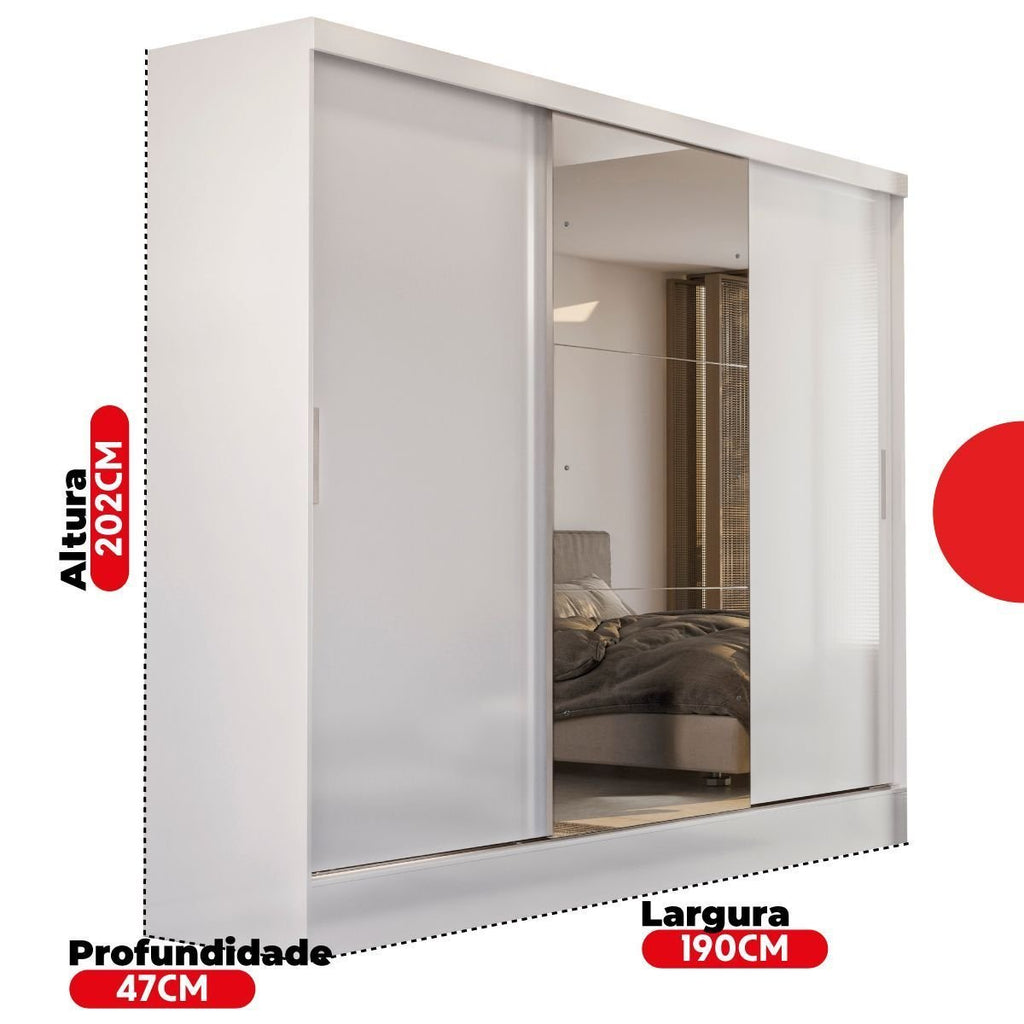 Guarda-Roupa Casal 3 Portas de Correr 4 Gavetas com Espelho Plata Demóbile MDP Branco