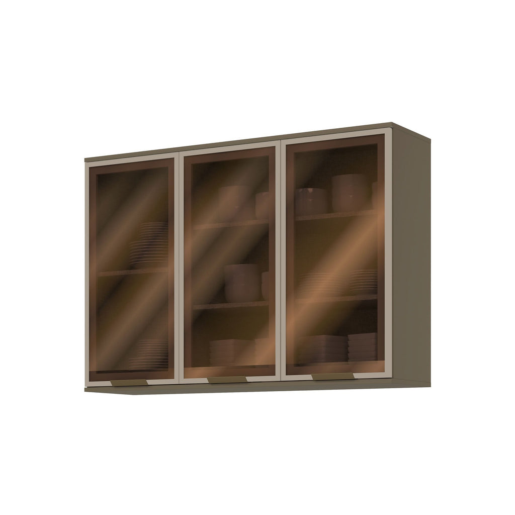 Armário Aéreo 3 Portas com Vidro Connect Henn Cinza 120cm
