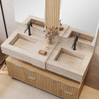 Conjunto para Banheiro Bancada em Porcelanato com Cuba Esculpida, Armário e Espelho Ripy Bumi 120cm Amarelo/Wood/Travertino