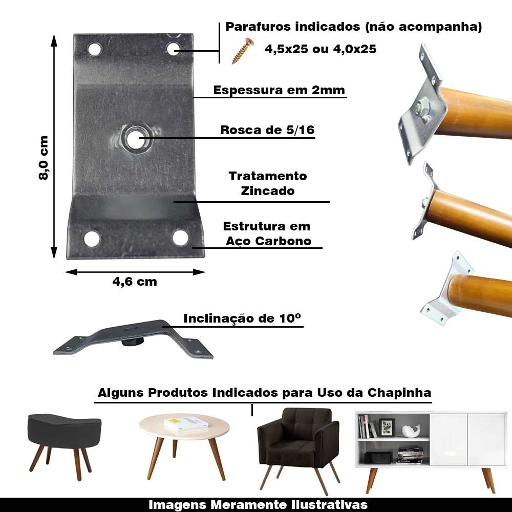 Kit 20 Chapinhas Chapa Inclinada 10º com Tubo Fixação Pés Palito Rosca 5/16 Zincada Gran Belo