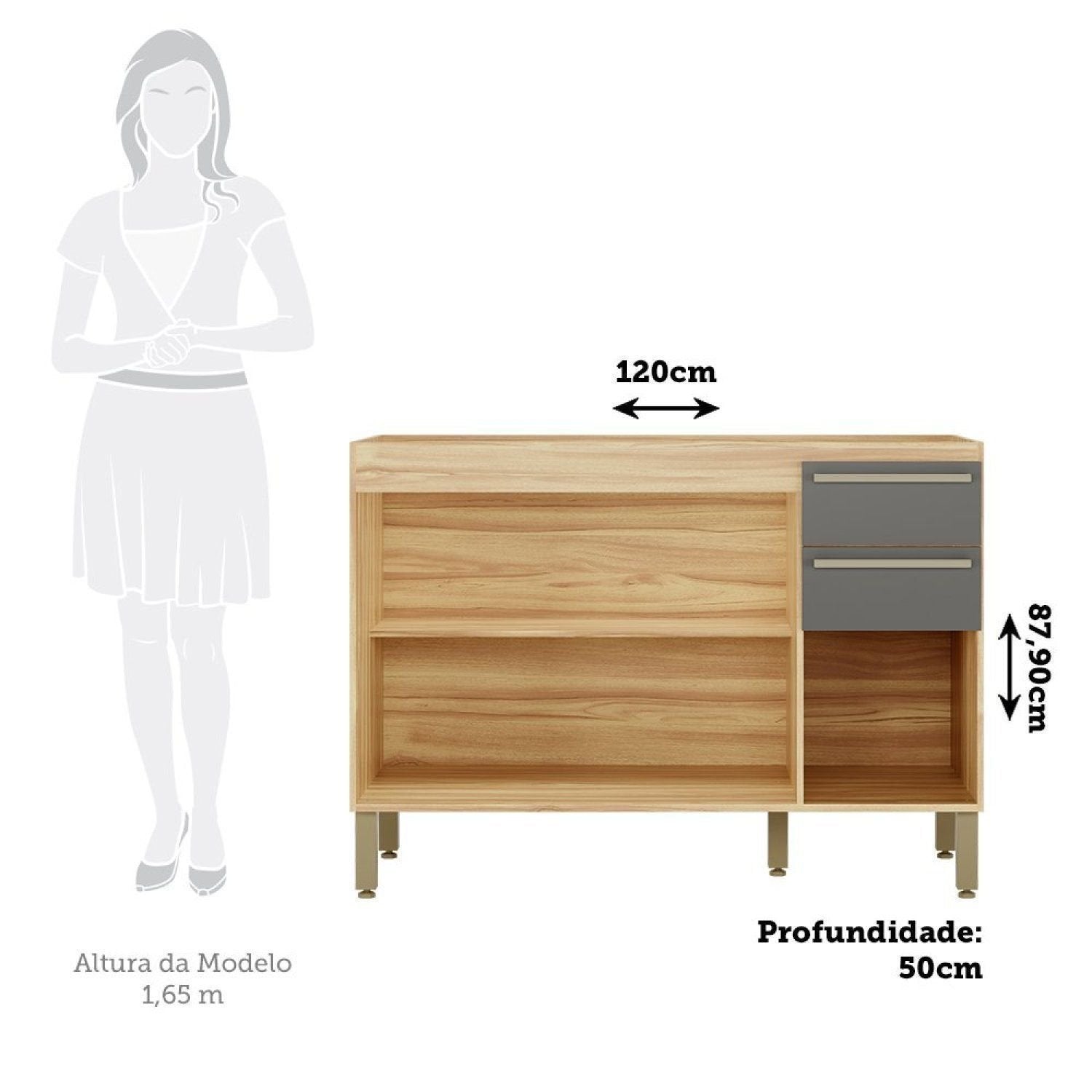 Balcão de Cozinha para Pia 3 Portas 2 Gavetas 120cm sem Tampo Itália Espresso Móveis Amêndoa/Chumbo