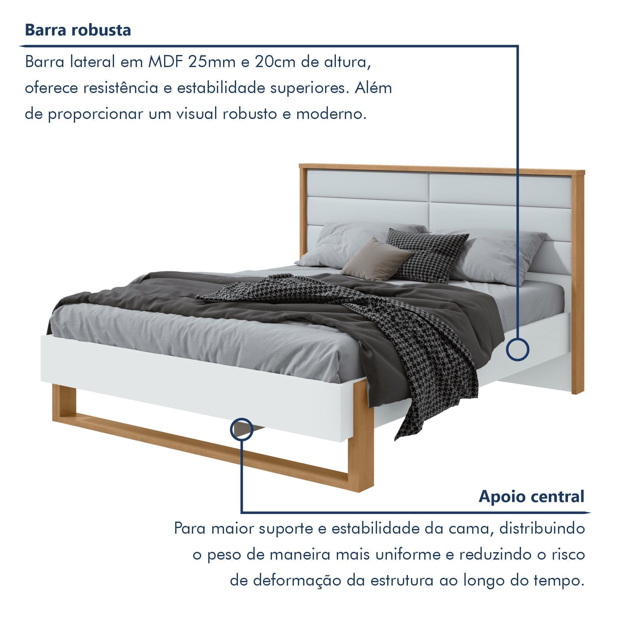 Cama Queen com LED e Pés Flutuantes Freetown Móveis Lopas Marrom Amêndoa Clean/Branco