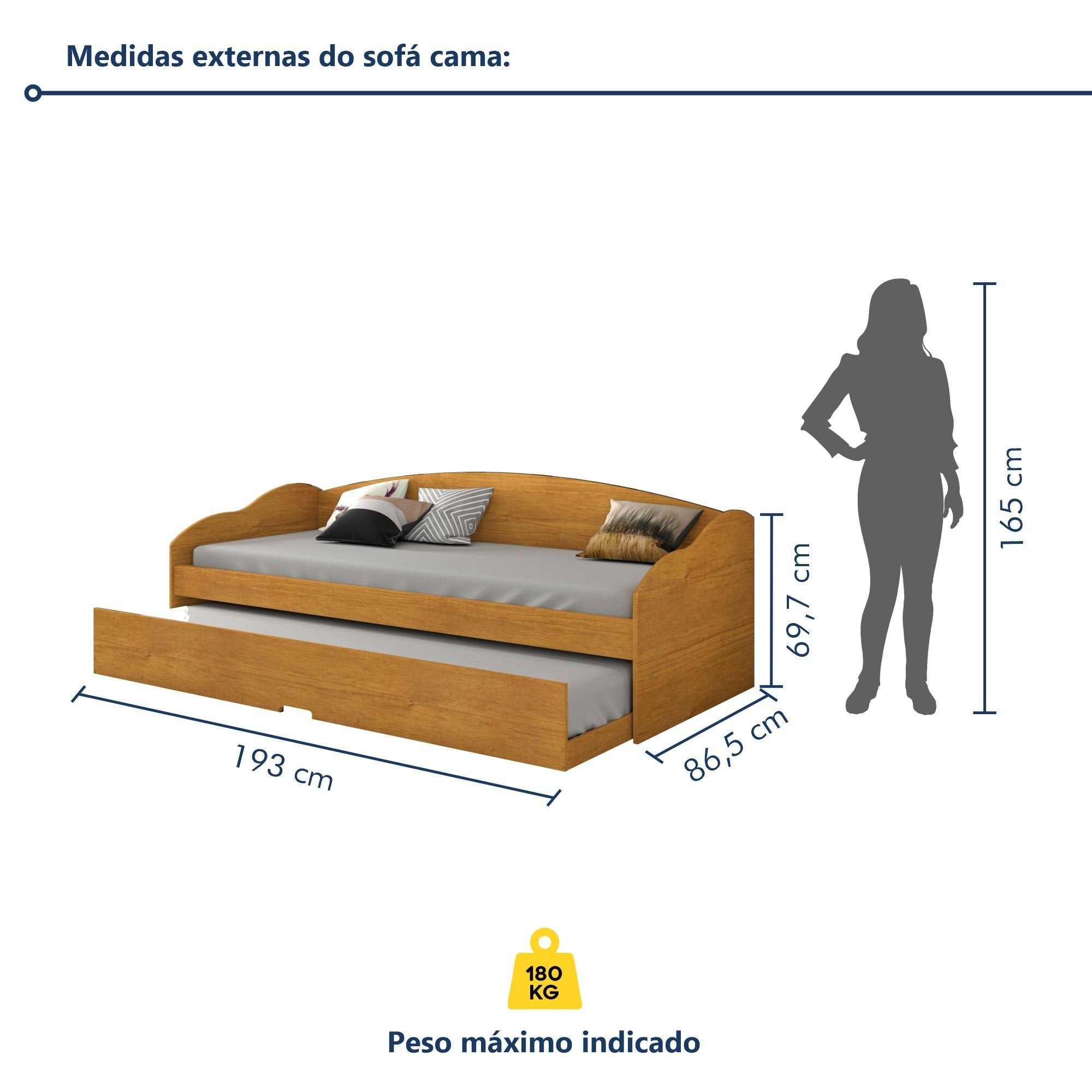 Bicama Solteiro Sofá Cama com Rodízios em MDF Funny Conquista Móveis Cinamomo