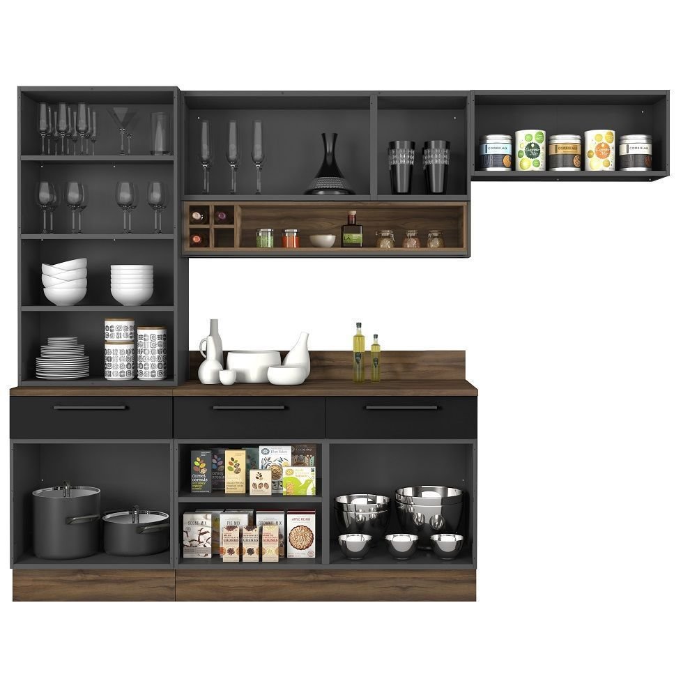 Cozinha Modulada em Aço 5 Peças 8 Portas 3 Gavetas Cristaleira com Rodapé PVC Exclusive Itatiaia Preto/Grafite