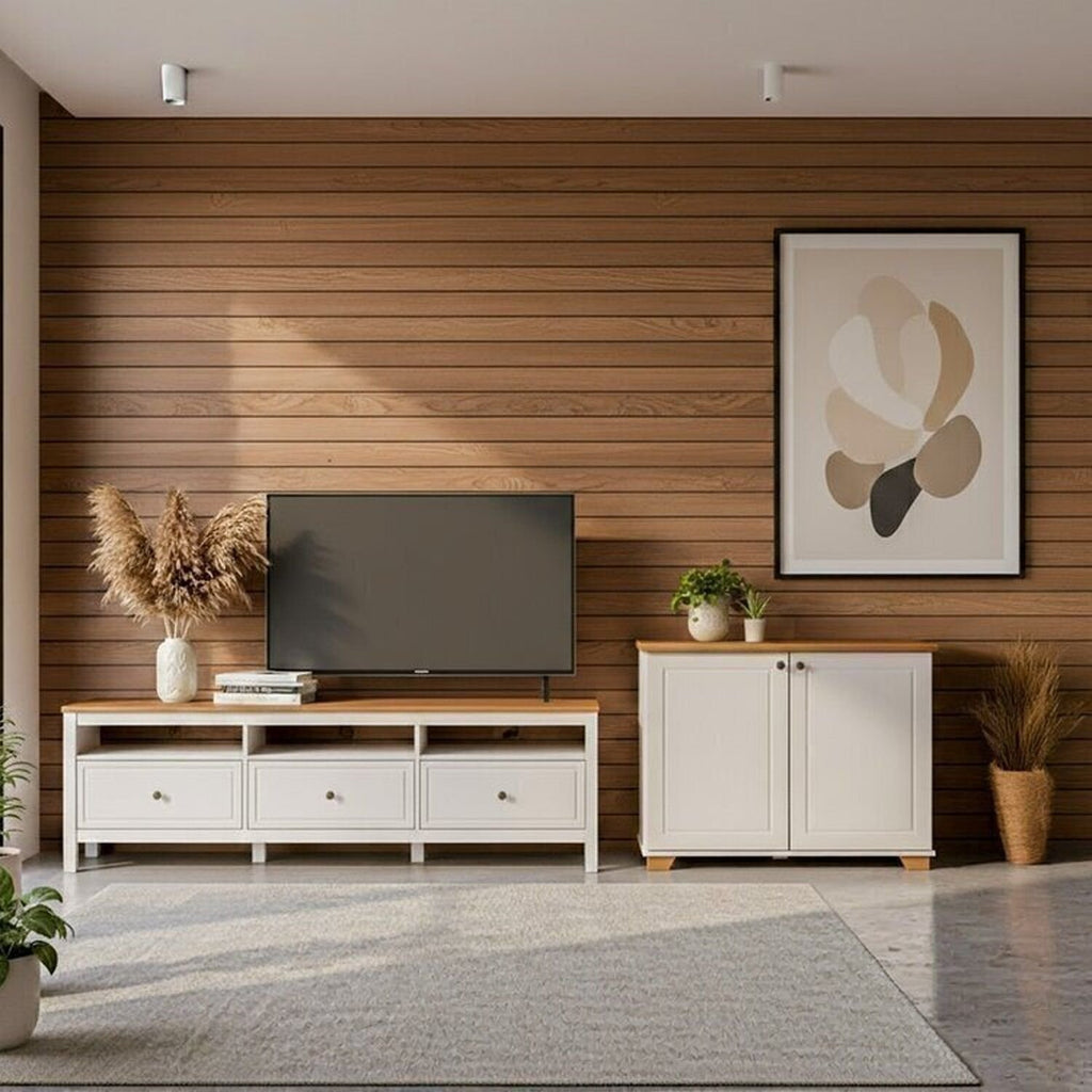 Conjunto Sala Ananda Rack e Armário Multiuso Madeira Maciça Off White/Mel CabeCasa MadeiraMadeira