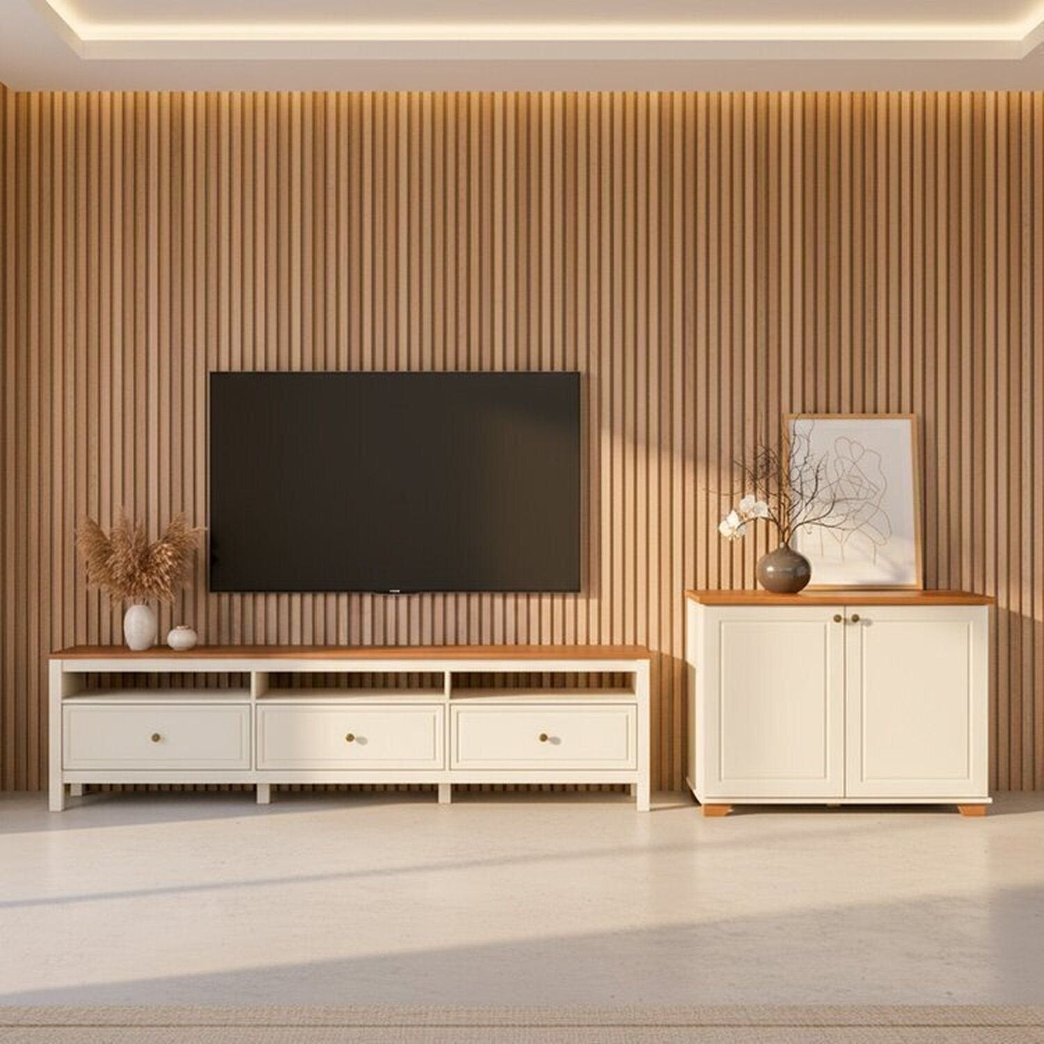 Conjunto Sala de Estar 2 Peças com Rack 2,10 e Armário 2 Portas Ananda CabeCasa MadeiraOriginals Branco Off White/Mel