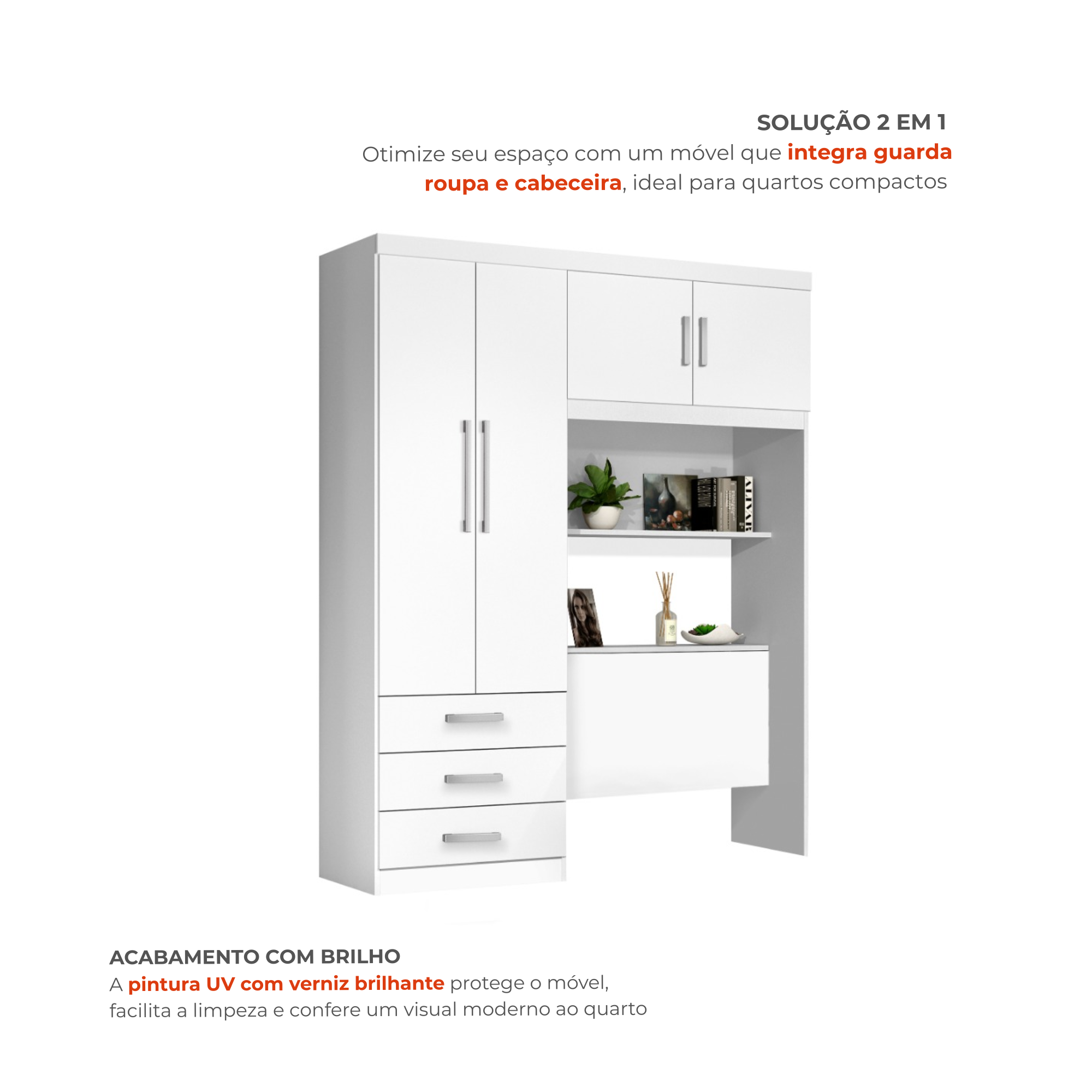 Guarda-Roupa Solteiro com Cabeceira e Baú 4 Portas 3 Gavetas Cancun Yescasa Branco