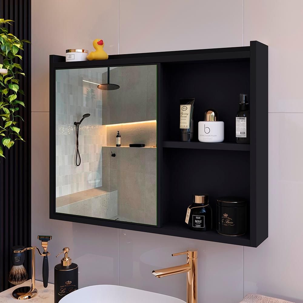 Espelheira para Banheiro Suspensa Luxo DESAN 1 Porta com Prateleira 60cm Preto