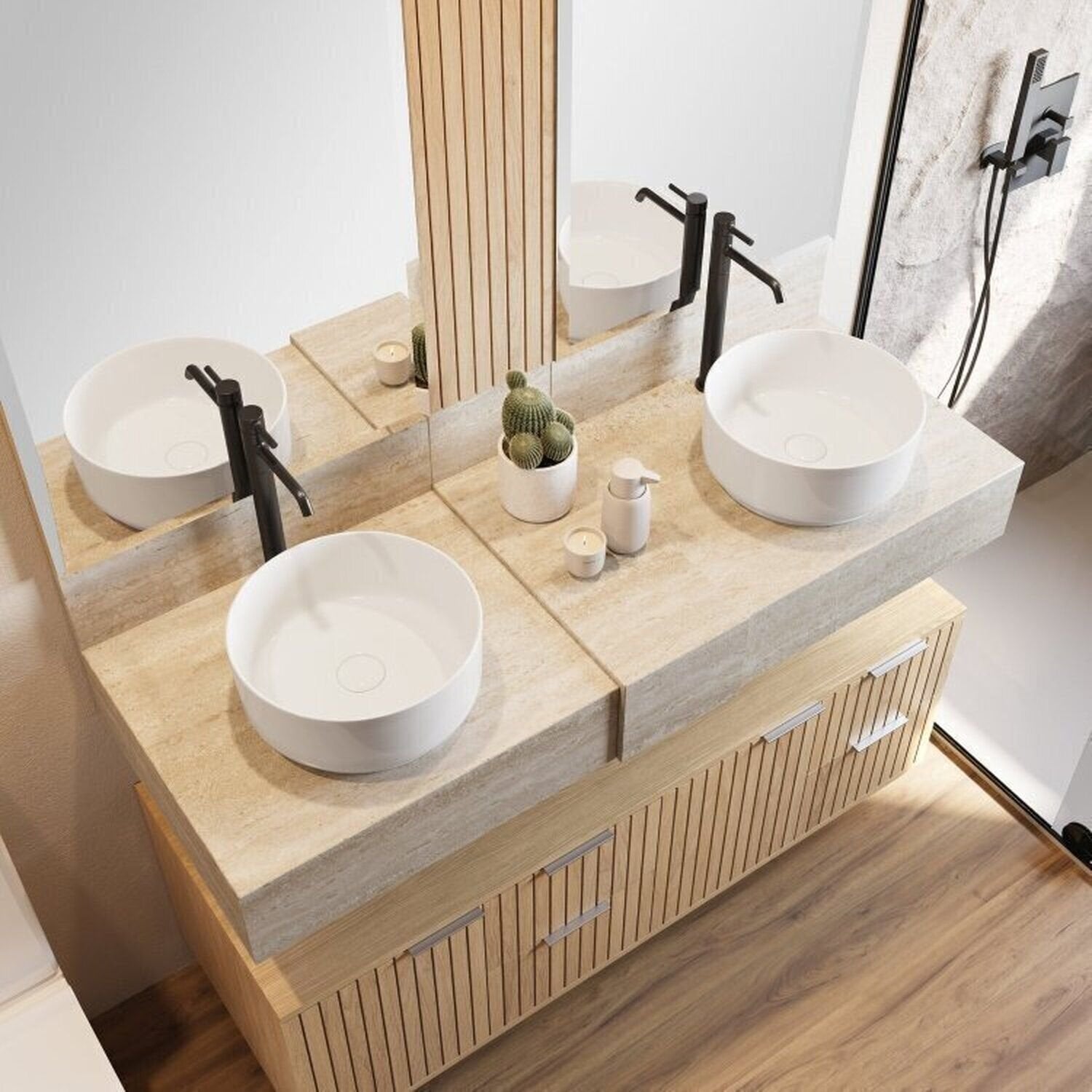 Conjunto para Banheiro Bancada Porcelanato Cuba Apoio Armário Espelho Ripy Bumi 120cm Amarelo/Wood/Travertino