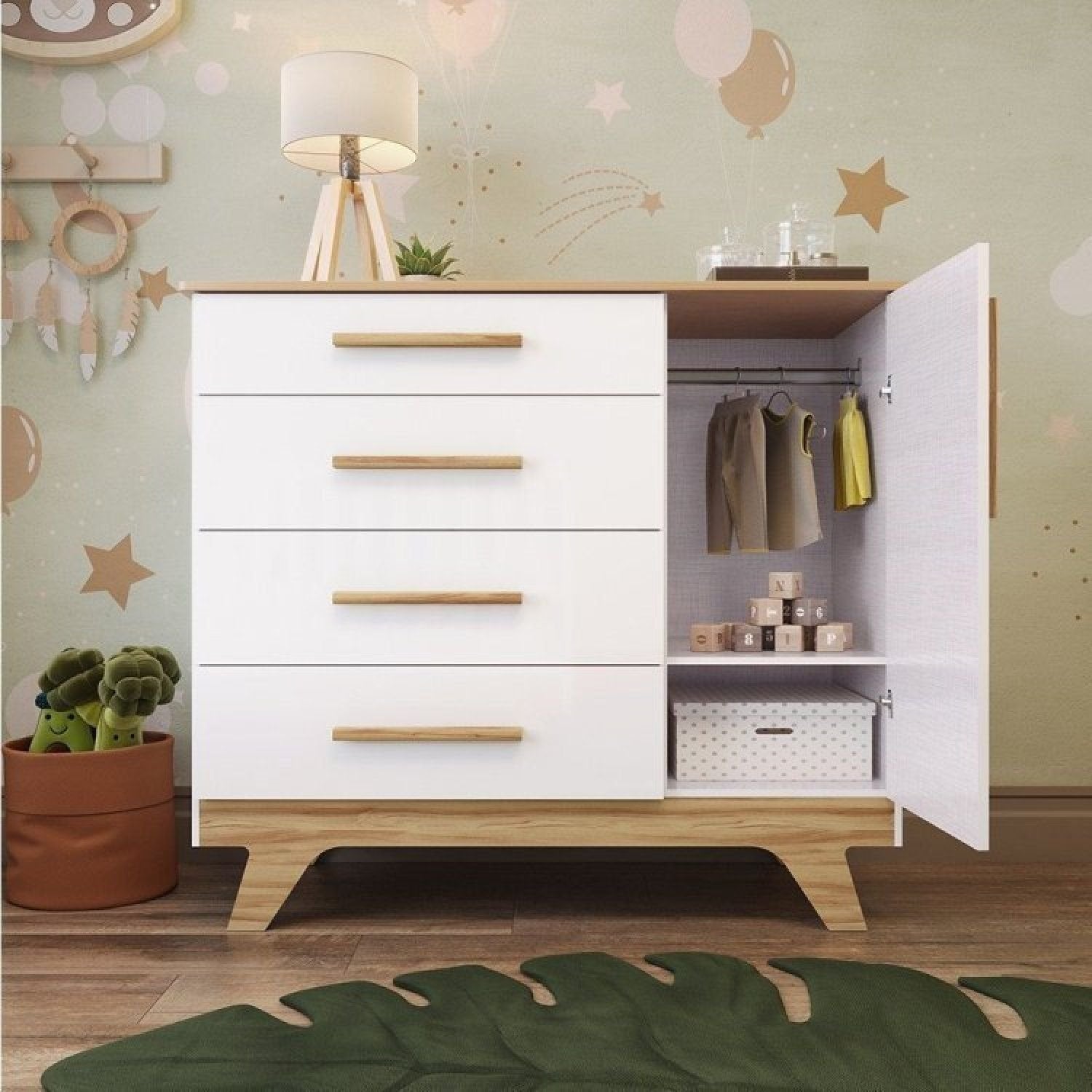 Quarto Infantil Completo Guarda-Roupa 4 Portas e Cômoda 1 Porta 100% MDF Kakau Retrô Yescasa