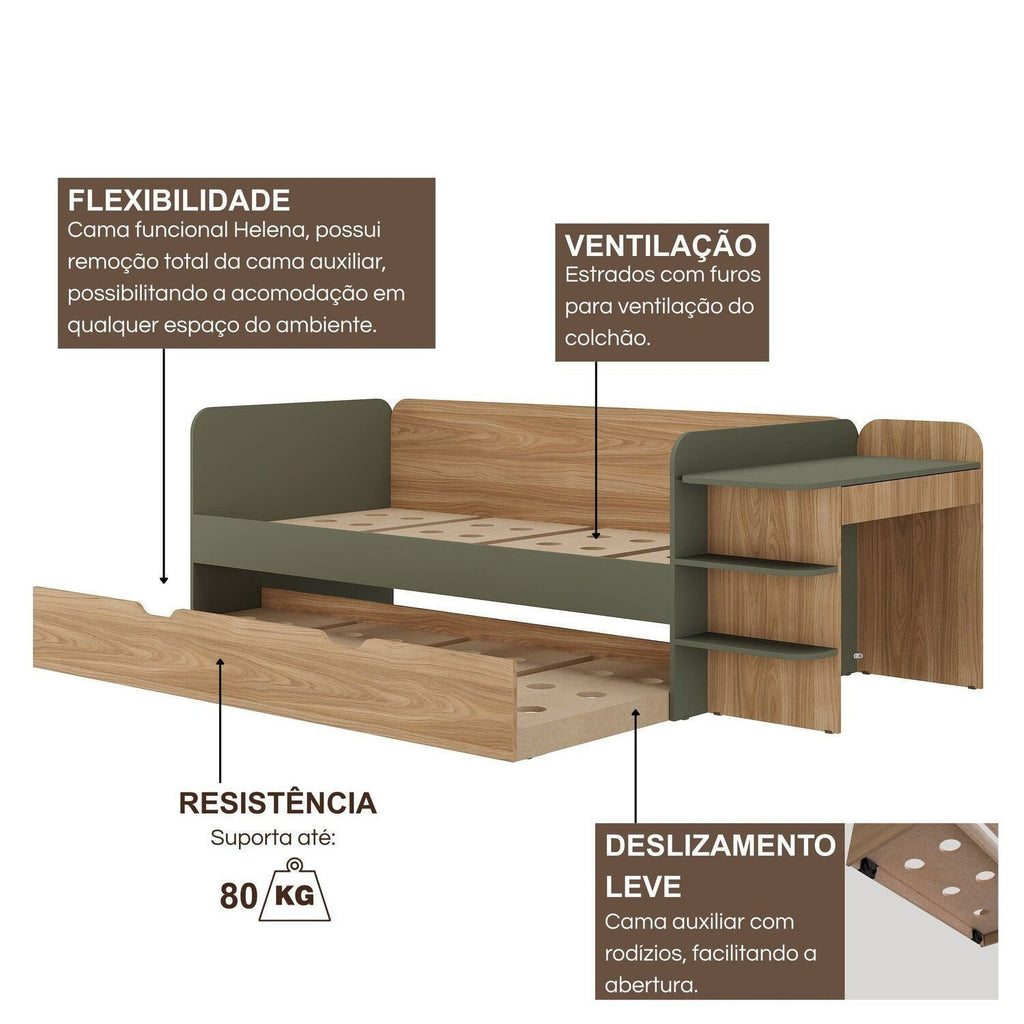 Quarto Infantil Completo com Cama de Solteiro 3 em 1 e Cômoda 10 Gavetas em MDF Premium Helena e Alice FD