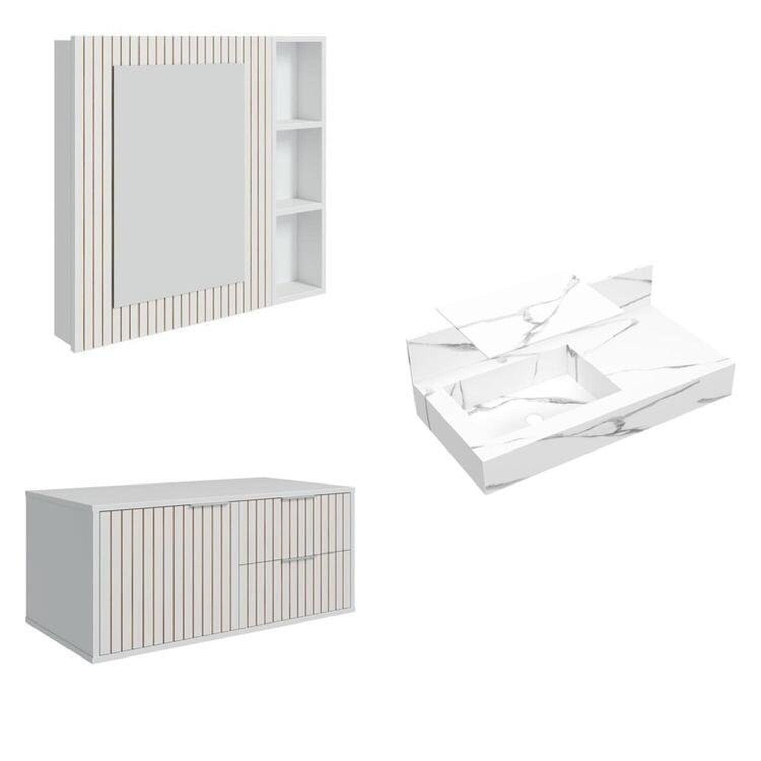 Conjunto para Banheiro Bancada em Porcelanato com Cuba Esculpida, Armário e Espelheira Ripy Bumi 80cm Branco