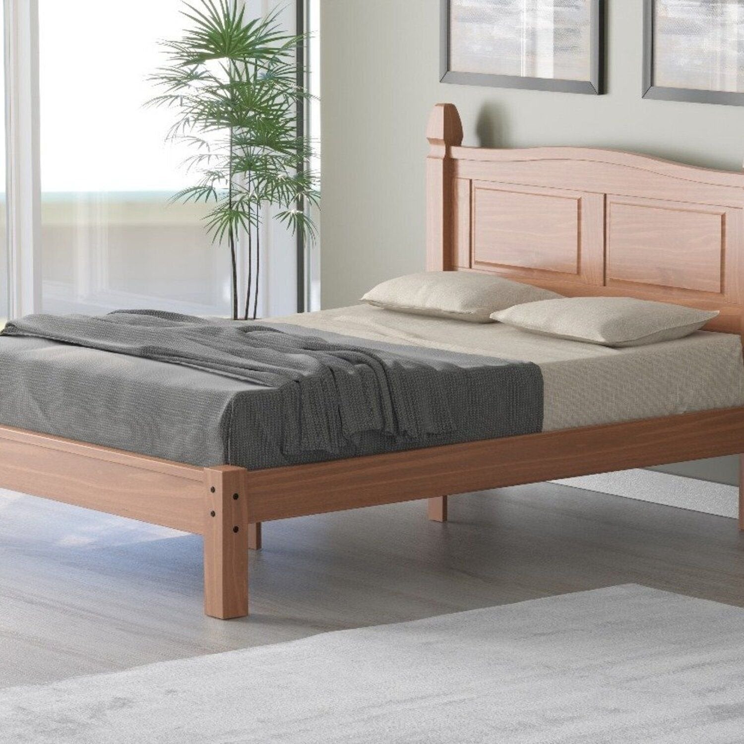 Cama Queen Retrô Madeira Maciça Pinus Corona Movezen Nogueira Claro 167cm