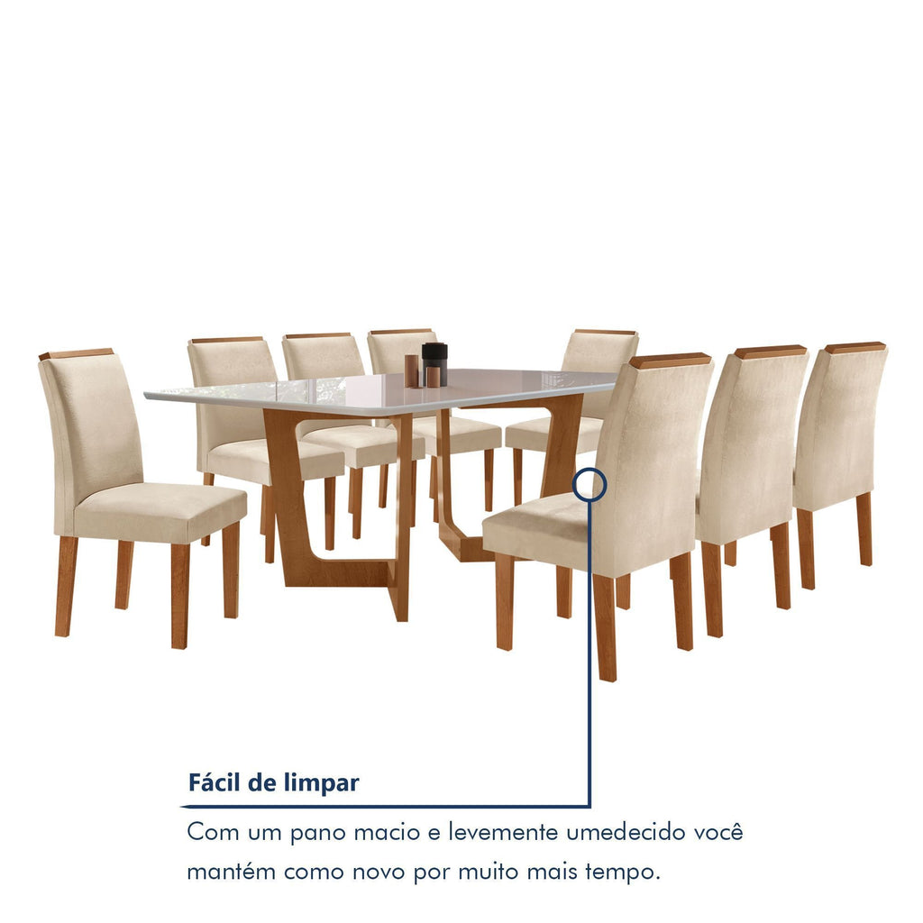 Conjunto Sala de Jantar Mesa Retangular Tampo Vidro/MDF com 8 Cadeiras Luísa Smart Plus Cel Móveis