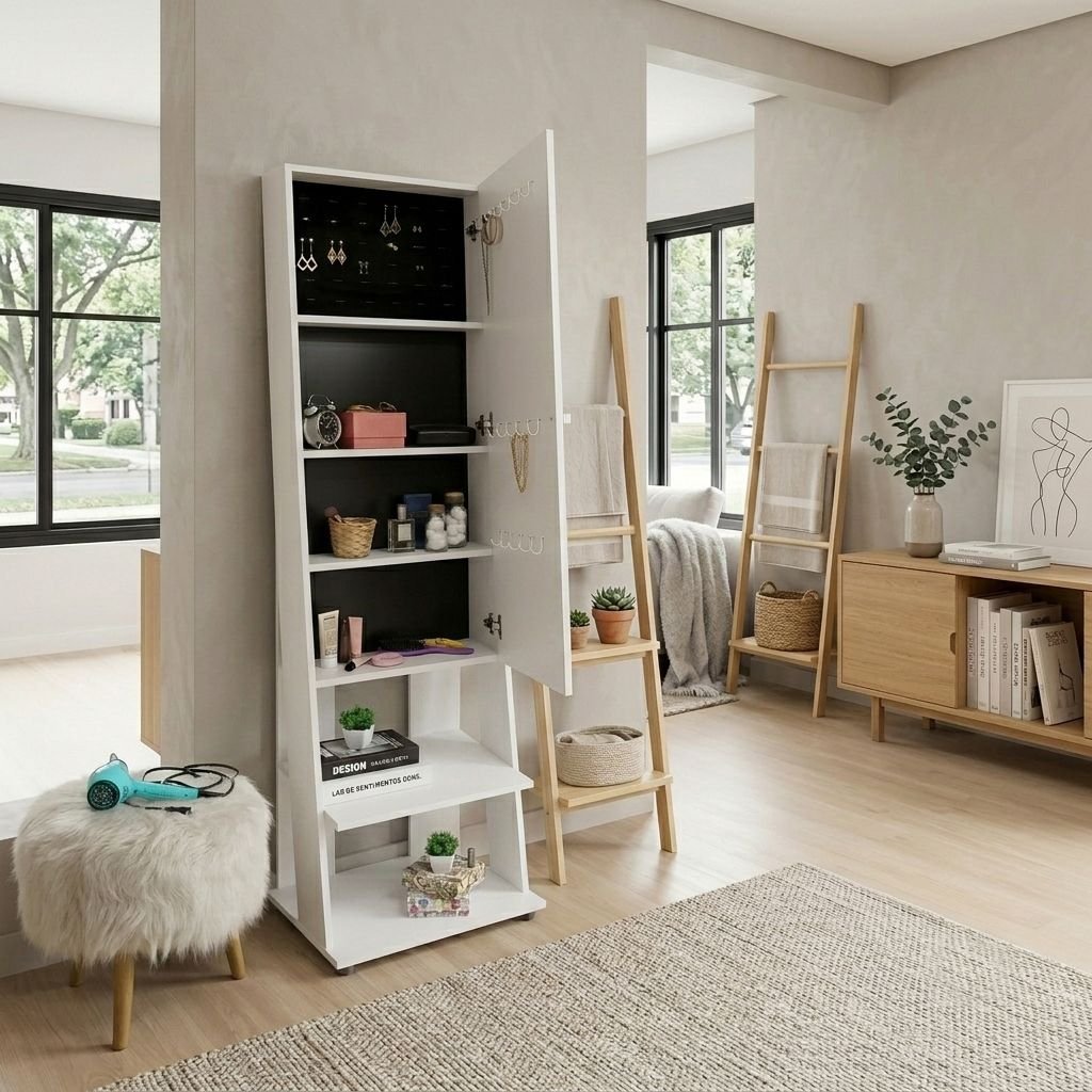 Espelho de Chão Grande Retangular 175x49cm 2 Prateleiras Porta Acessórios Retrô PE2024 Tecno Mobili Branco