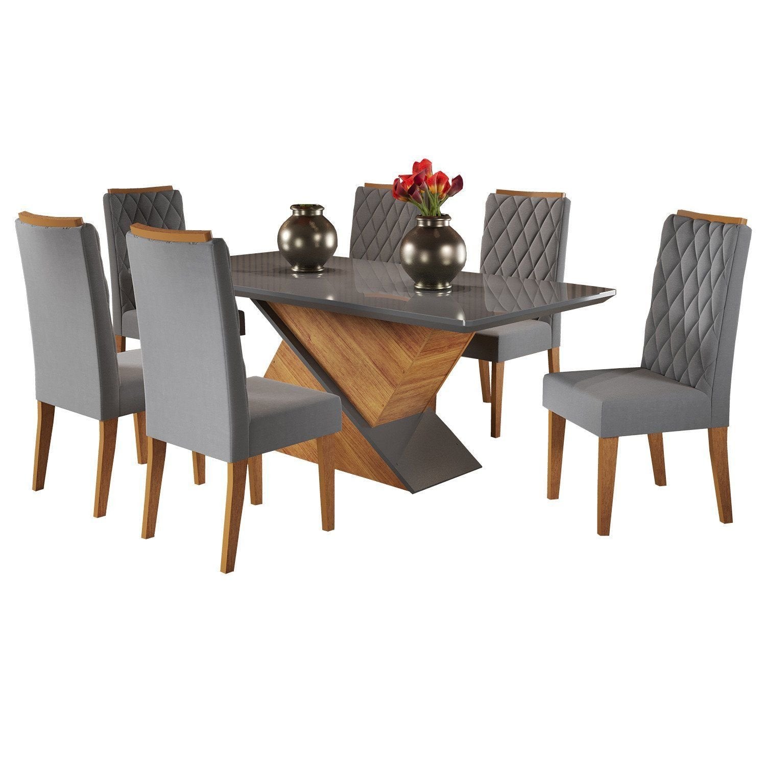 Conjunto Sala de Jantar Mesa Epic Tampo Vidro/MDF com 6 Cadeiras Iza Viero Cinza/Mel/Grafite