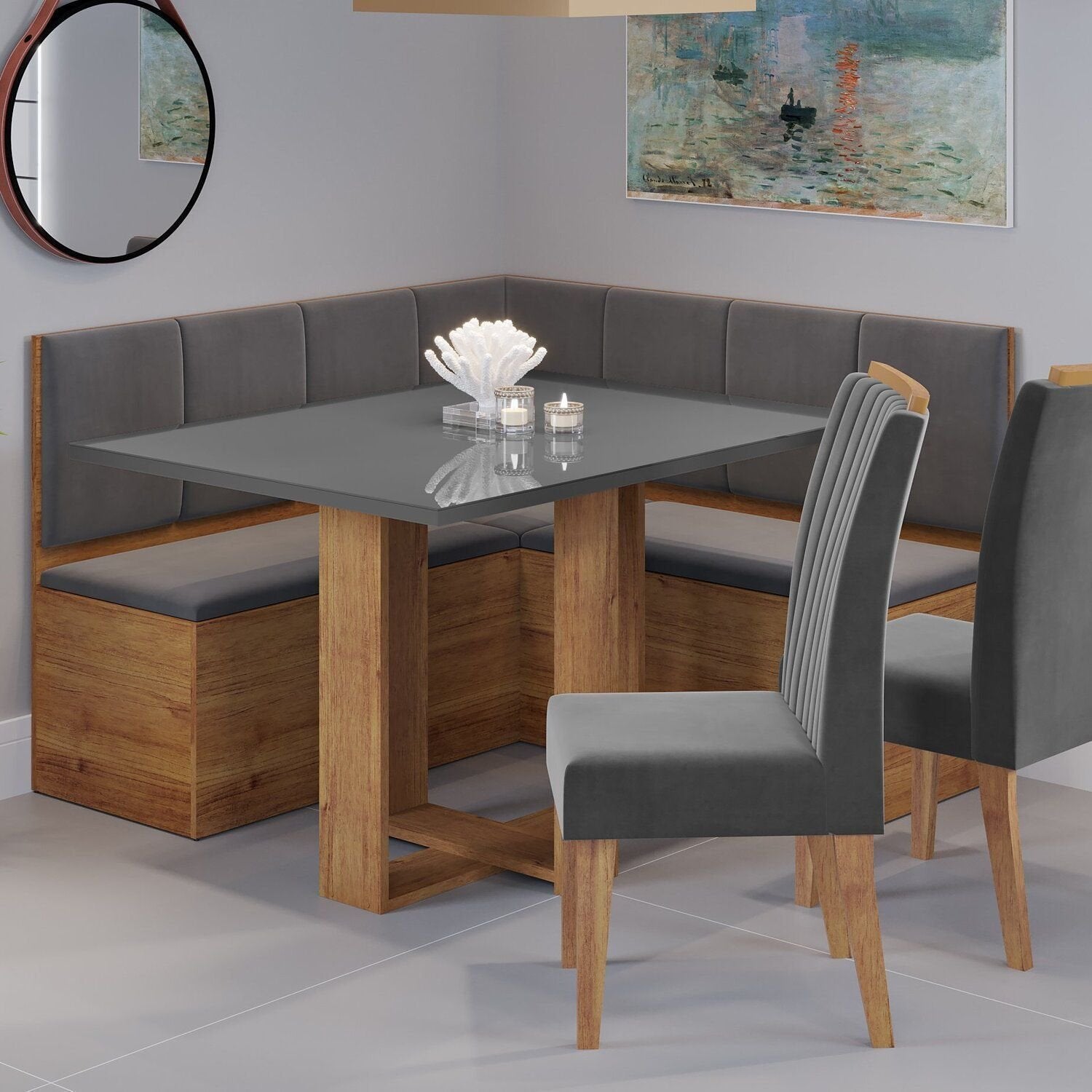 Conjunto Canto Alemão Baú com Mesa Retangular 120x80cm Tampo Vidro e 2 Cadeiras Yescasa
