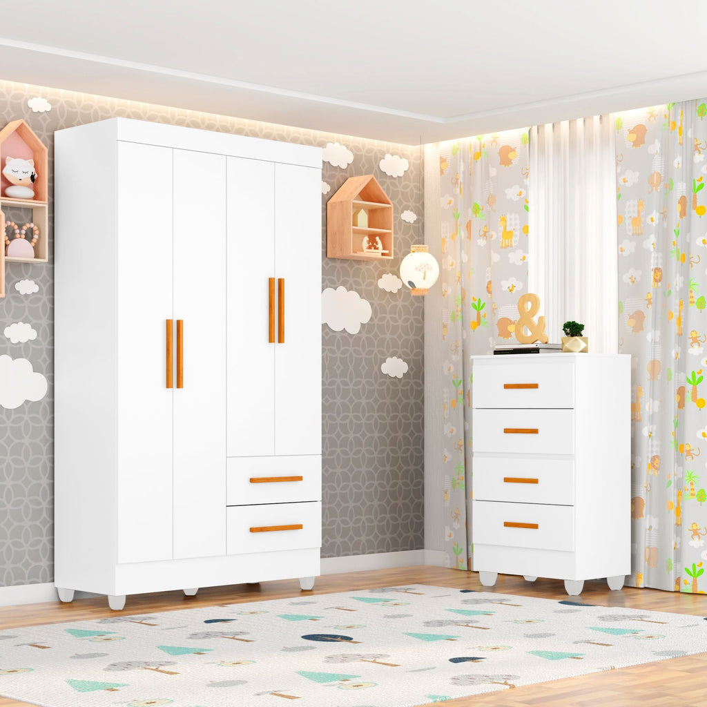 Quarto Bebê Infantil com Guarda-Roupa 4 Portas e 2 Gavetas e Cômoda 4 Gavetas Branco Móveis Leão