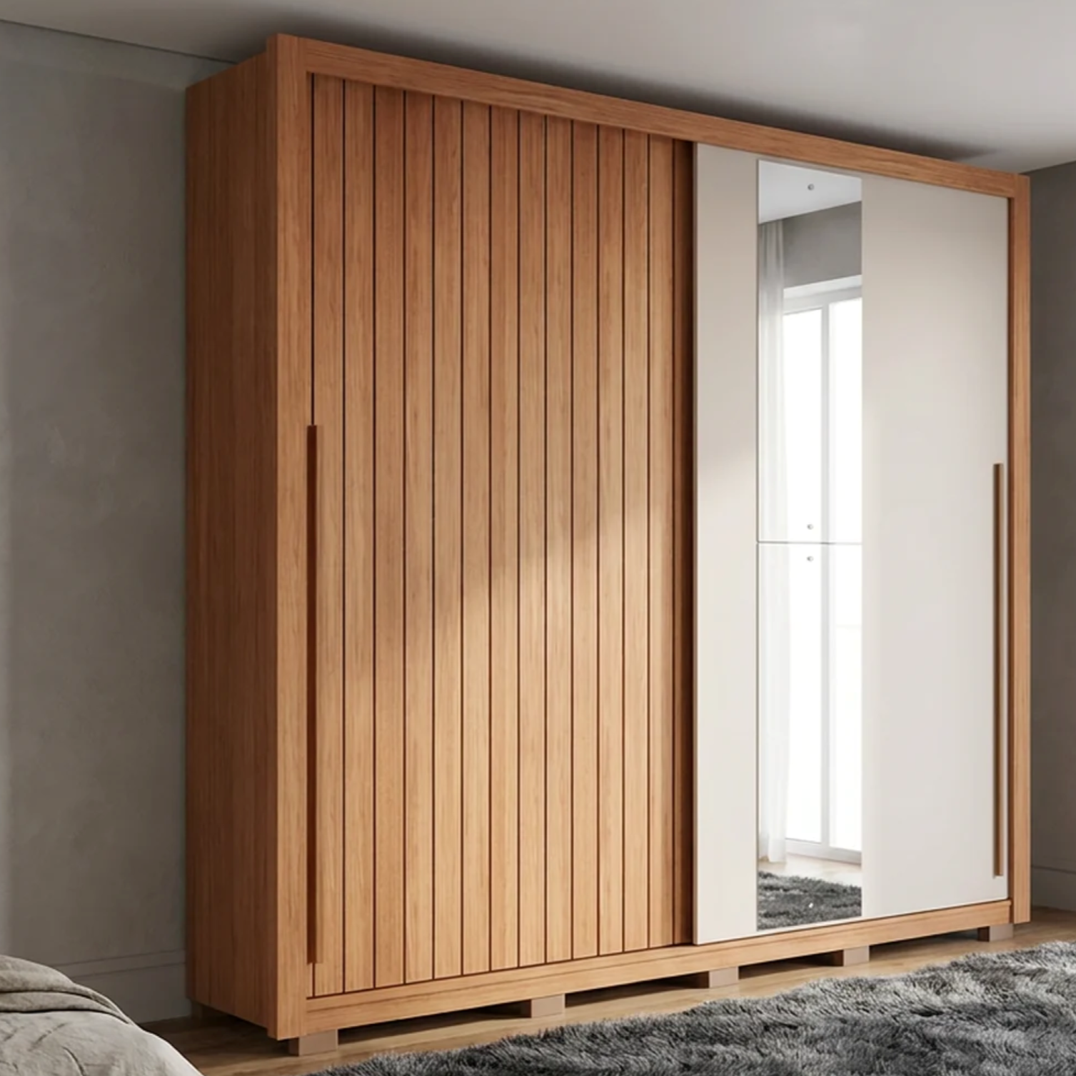 Guarda-Roupa Casal 2 Portas de Correr Ripado com Espelho Suburban Espresso Móveis MDF Freijó/Off White