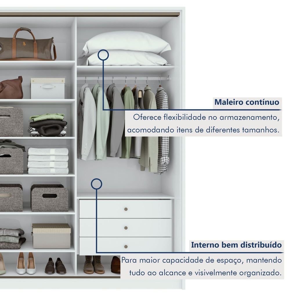 Guarda-Roupa Casal Spazio Yescasa 3 Portas Correr 6 Gavetas MDF 270cm Branco