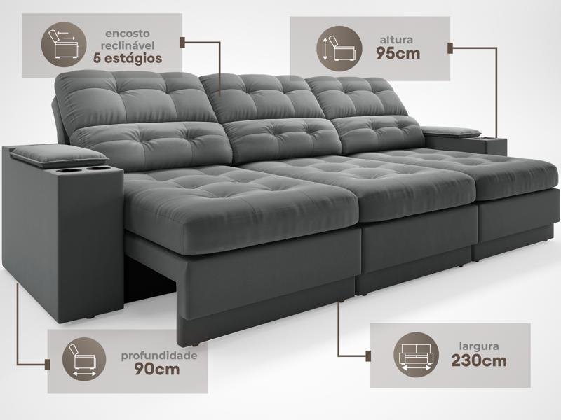 Sofá com Porta Copos e Carregador USB Eureka Velosuede Assento Retrátil e Reclinável NETSOFAS