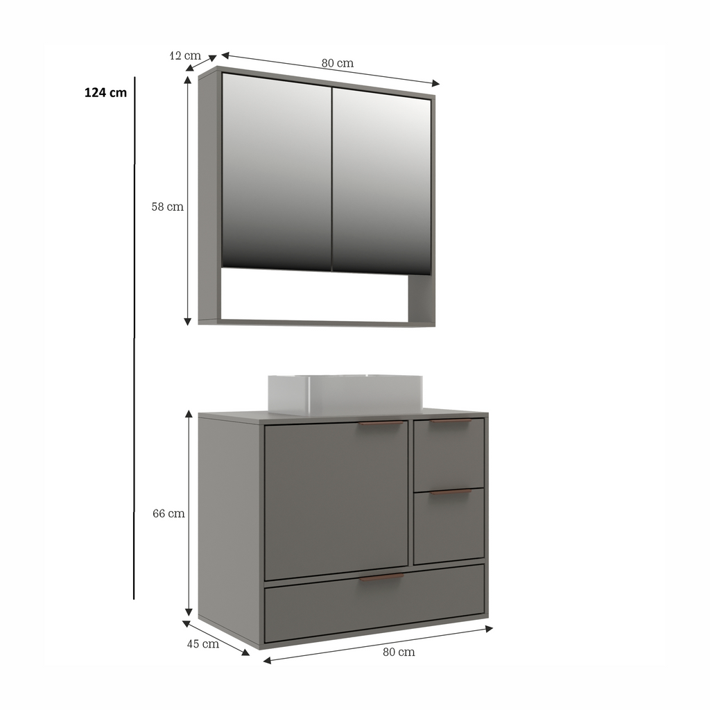 Conjunto para Banheiro Gabinete Suspenso com Cuba e Espelheira Prime 801 Yescasa 80cm Cinza/Cimento