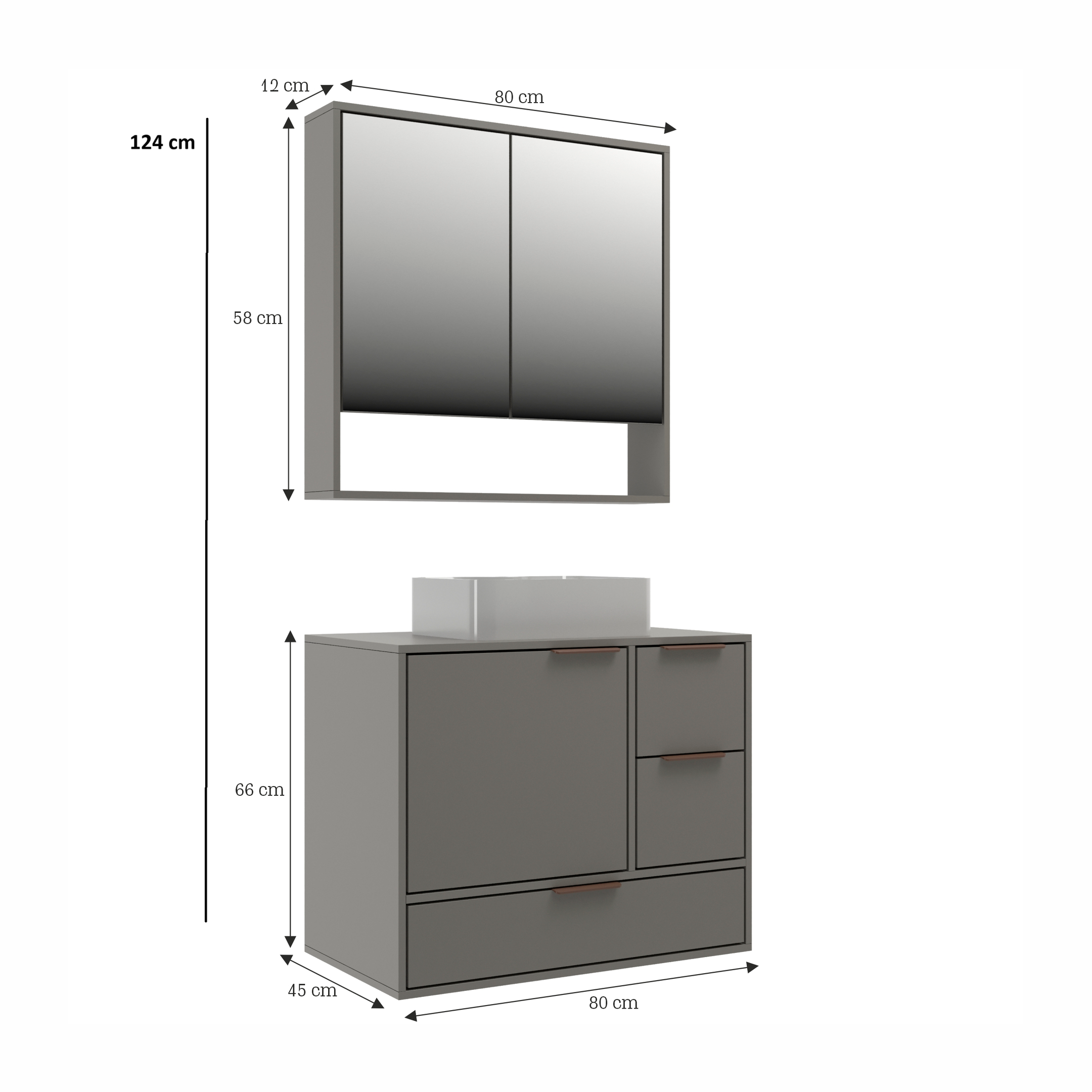 Conjunto para Banheiro Gabinete Suspenso com Cuba e Espelheira Prime 801 Yescasa 80cm Cinza/Cimento