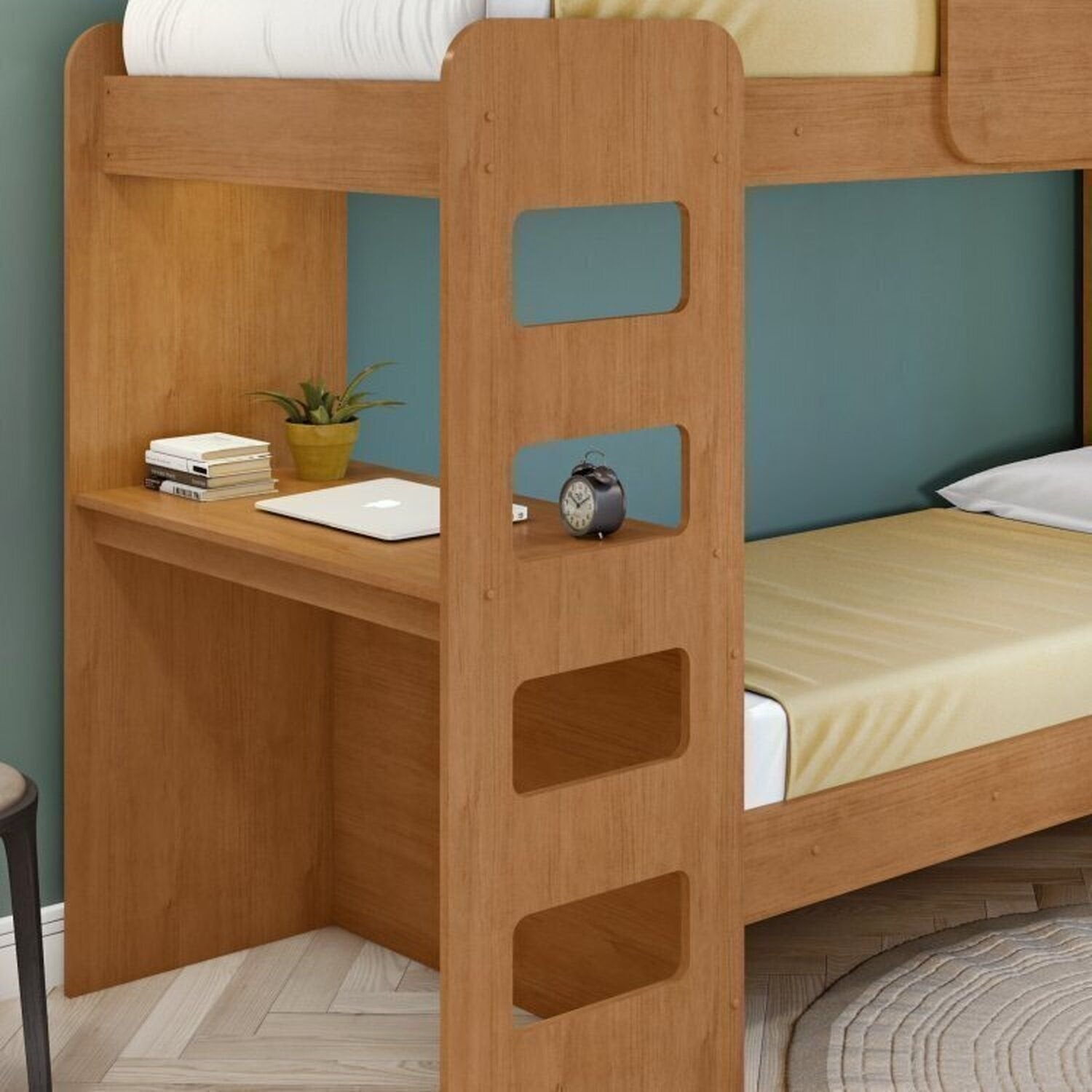 Kit Quarto Infantil 4 Peças com Beliche Olga Cômoda e Mesa de Cabeceira Baião Marrom Amêndoa Clean Móveis Lopas