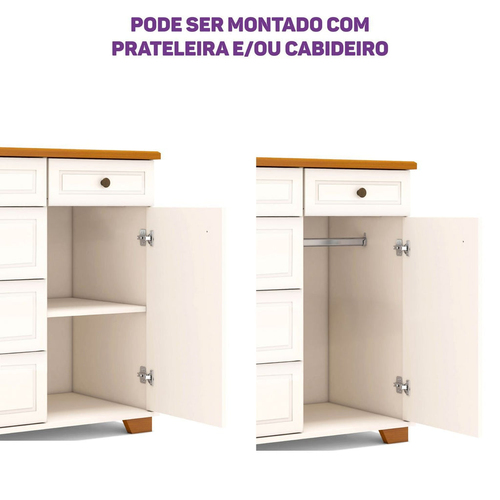 Cômoda 5 Gavetas 1 Porta com Tampo em Madeira Maciça Baby Ananda Casatema MadeiraOriginals Bege/Off-White/Mel