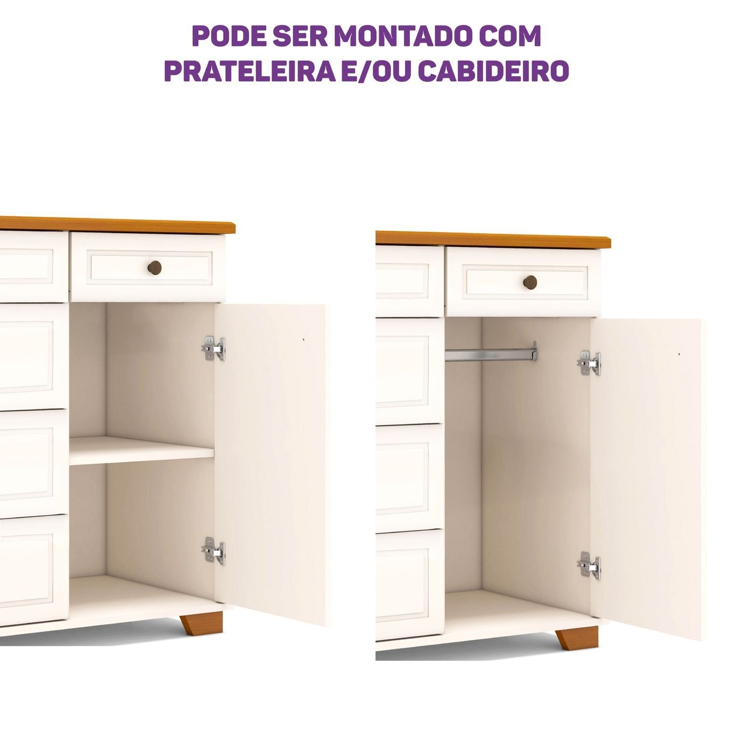 Cômoda 5 Gavetas 1 Porta com Tampo em Madeira Maciça Baby Ananda Casatema MadeiraOriginals Bege/Off-White/Mel
