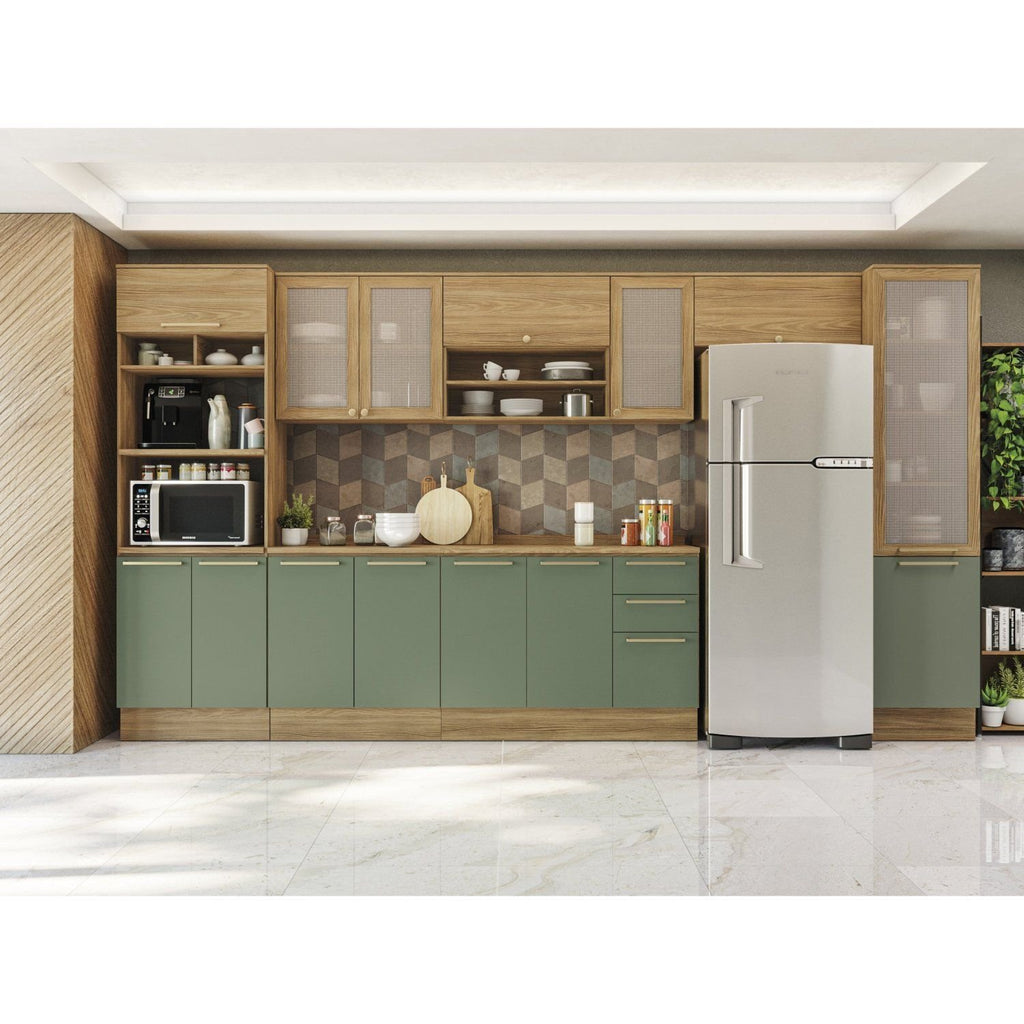 Cozinha Completa Botanic Kappesberg 7 Peças Torre Quente Paneleiro Balcão Nogueira/Verde Oliva 410x222x52cm
