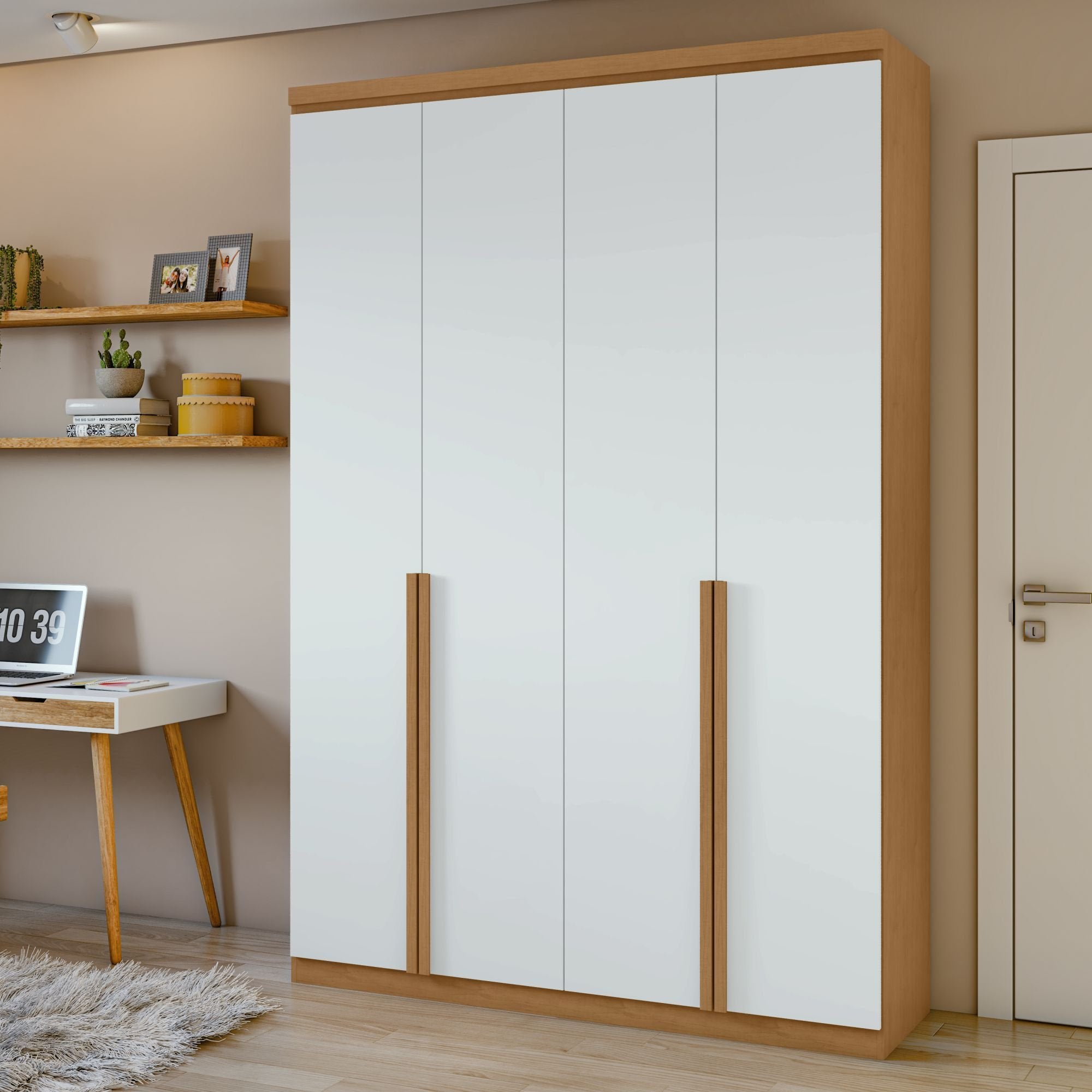 Guarda-Roupa Solteiro 4 Portas 2 Gavetas Alonzo Móveis Lopas 100% MDF Marrom Amêndoa Clean/Branco