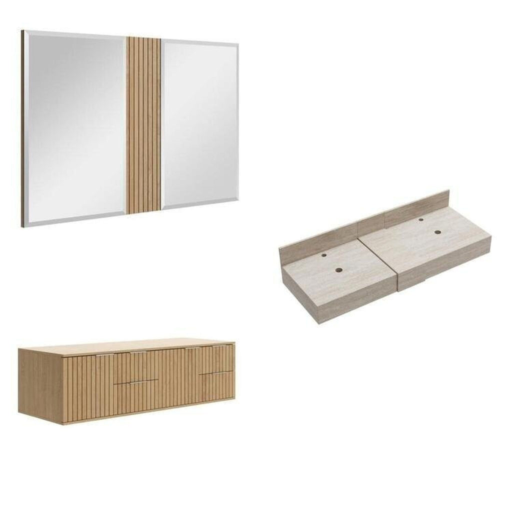 Conjunto para Banheiro Bancada Porcelanato Cuba Apoio Armário Espelho Ripy Bumi 120cm Amarelo/Wood/Travertino