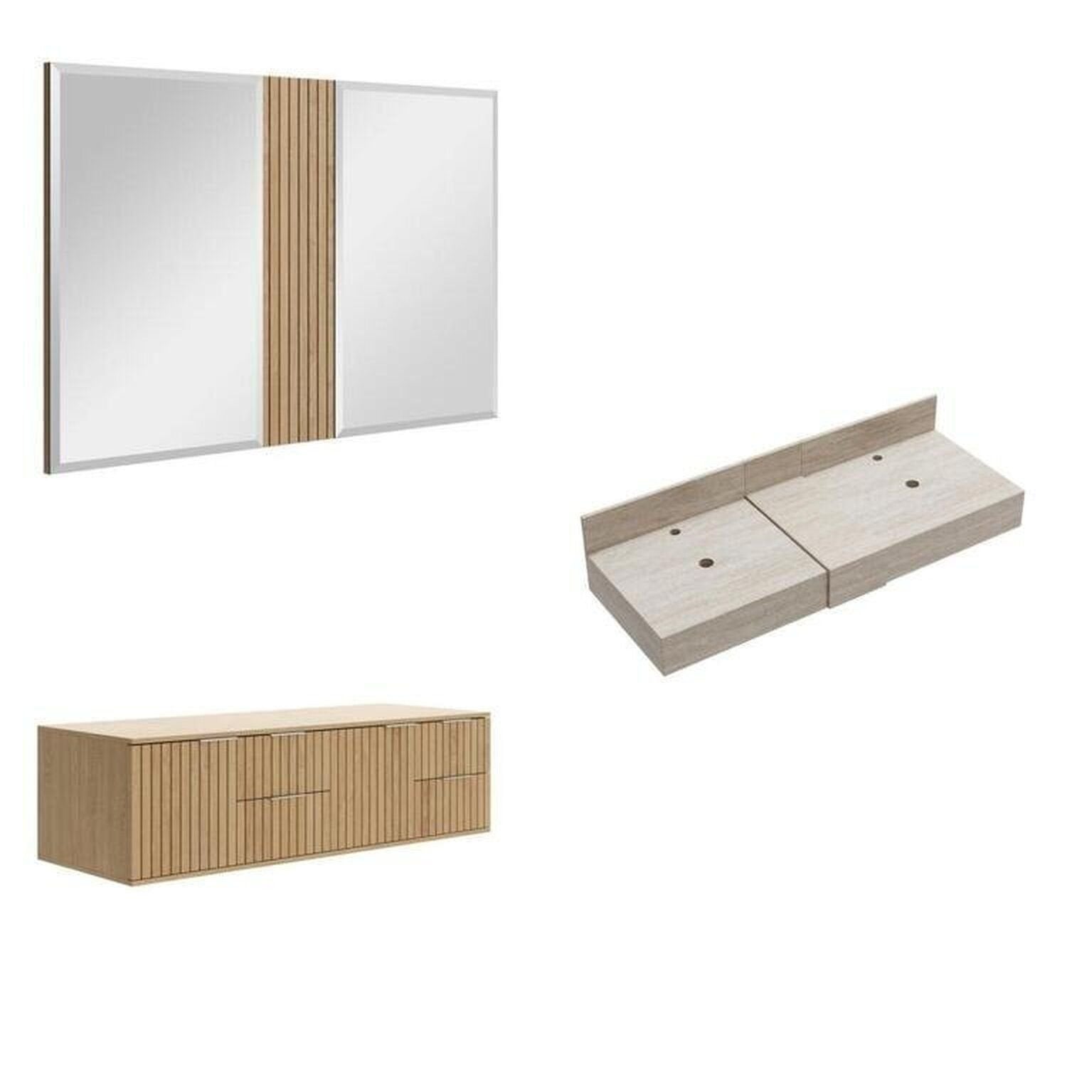 Conjunto para Banheiro Bancada Porcelanato Cuba Apoio Armário Espelho Ripy Bumi 120cm Amarelo/Wood/Travertino