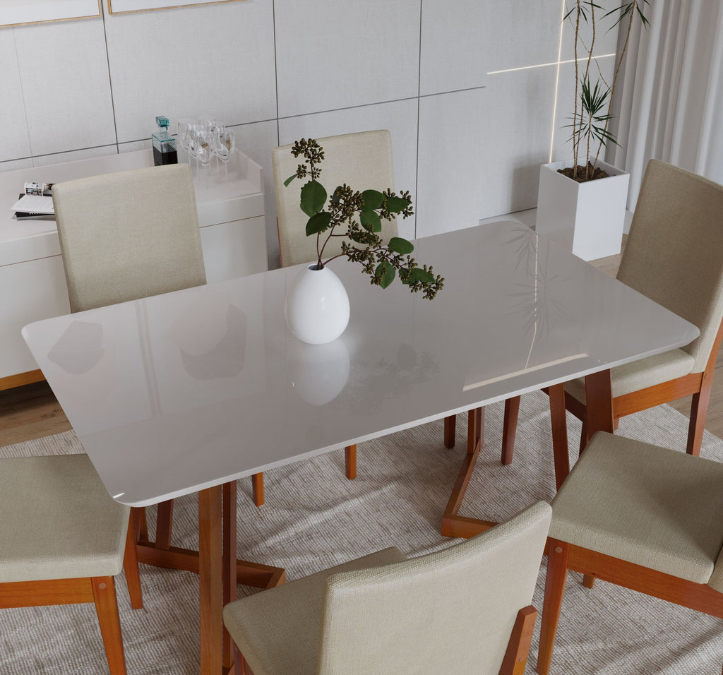 Conjunto Mesa com Vidro Pés Madeira Maciça 6 Cadeiras Madeira Dakota Tecido A40 Marrom Móveis Meneghetti