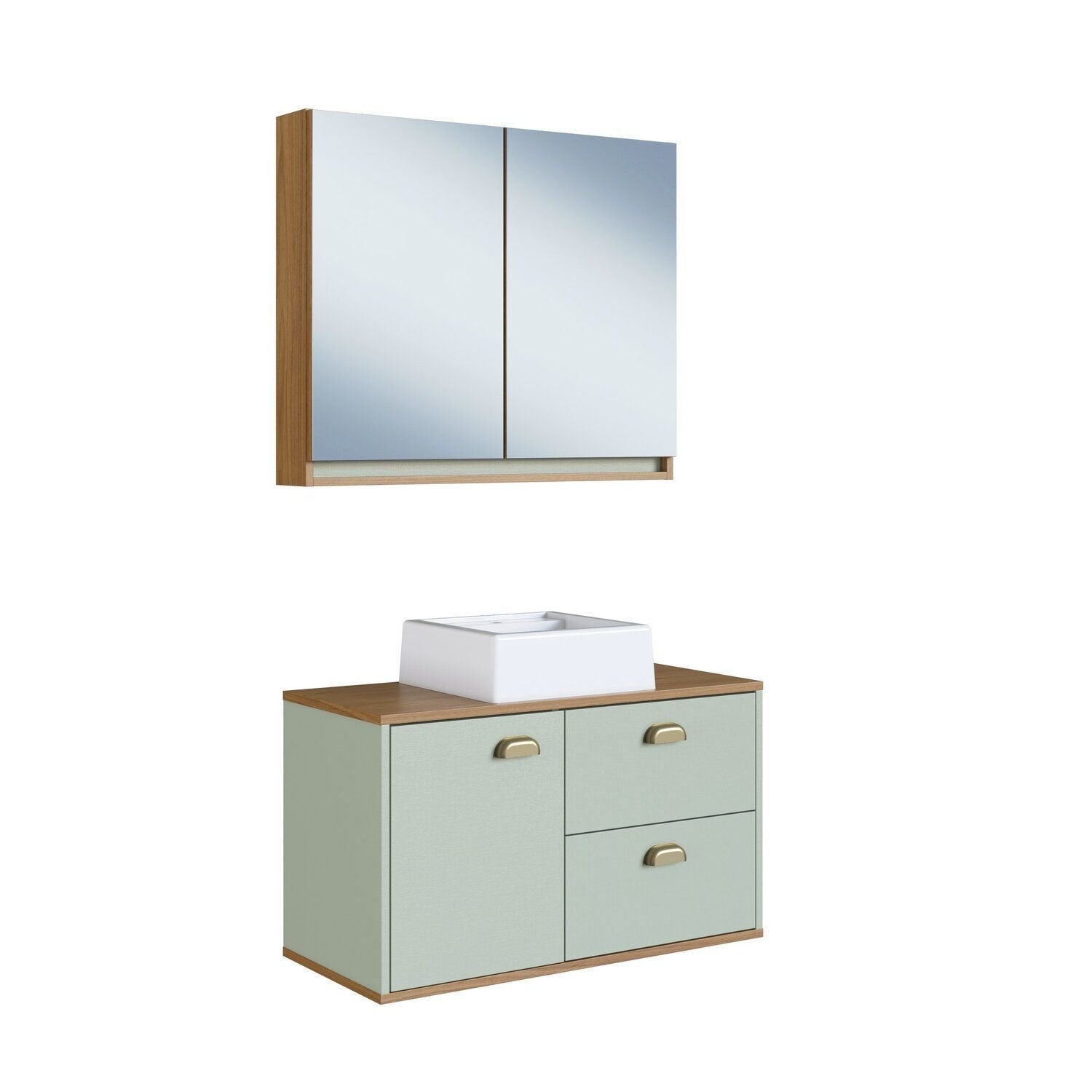 Conjunto para Banheiro Gabinete Suspenso com Cuba e Espelheira Lívia Yescasa 80cm Verde/Freijó/Moscatel