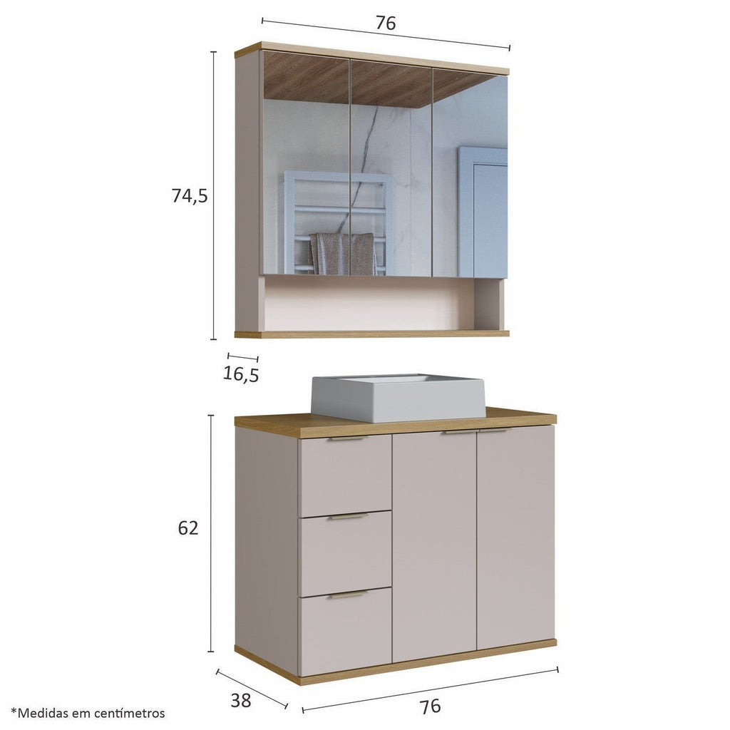 Conjunto para Banheiro Gabinete Suspenso com Cuba e Espelheira Aqua Estilare 76cm Bege/Panna/Carvalho